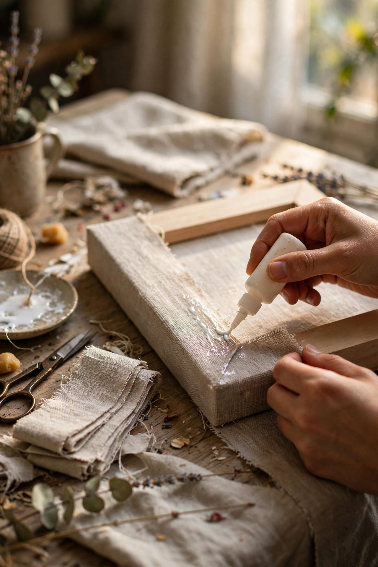 Linen fabric being wrapped around a plain wooden frame rail