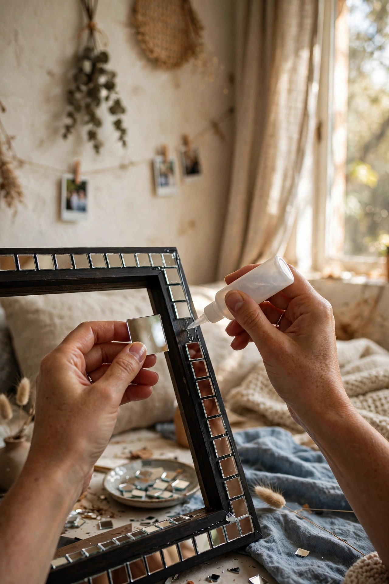 Bedroom frame covered in small mirror mosaic tiles