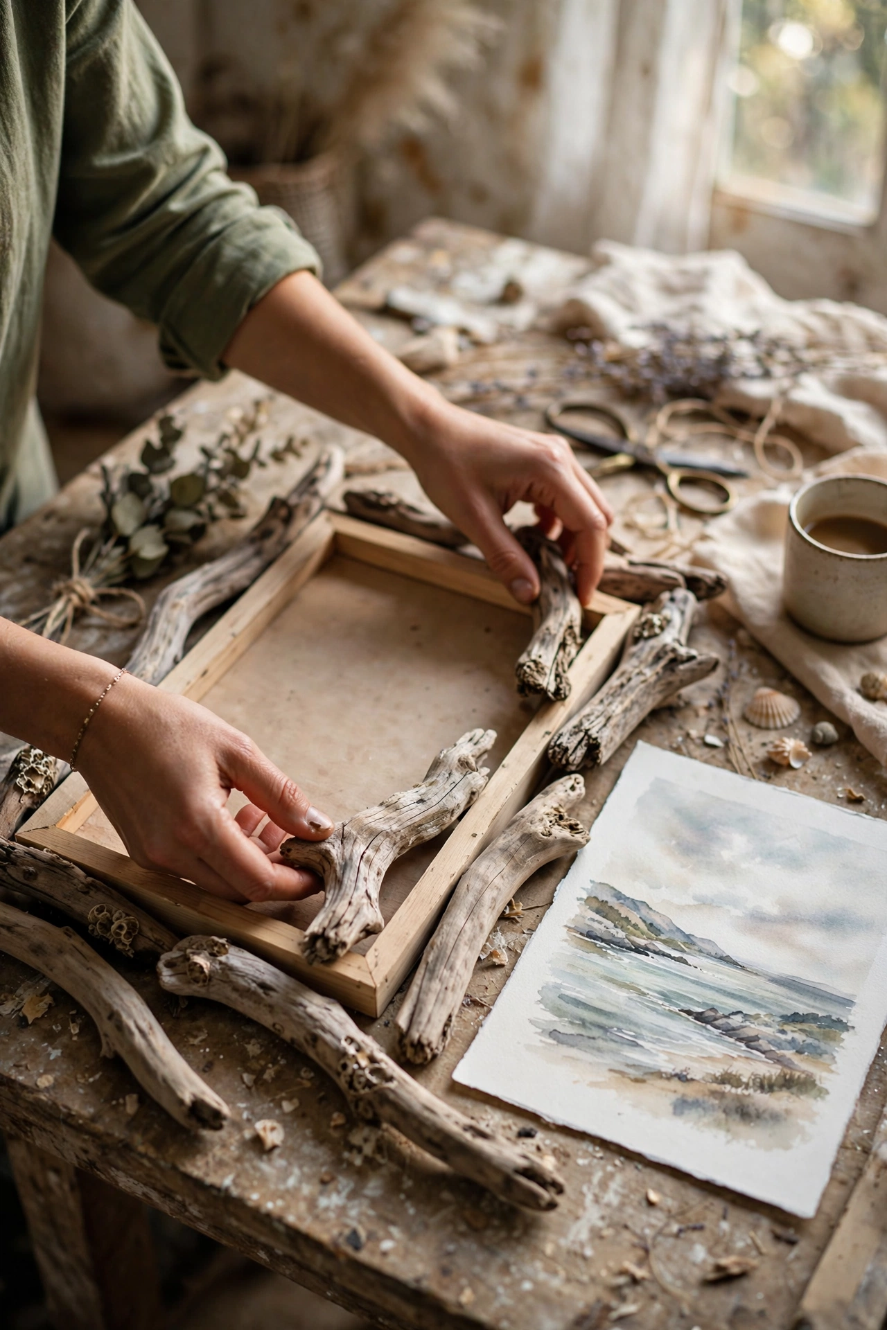 Driftwood pieces glued around a flat frame for a coastal print