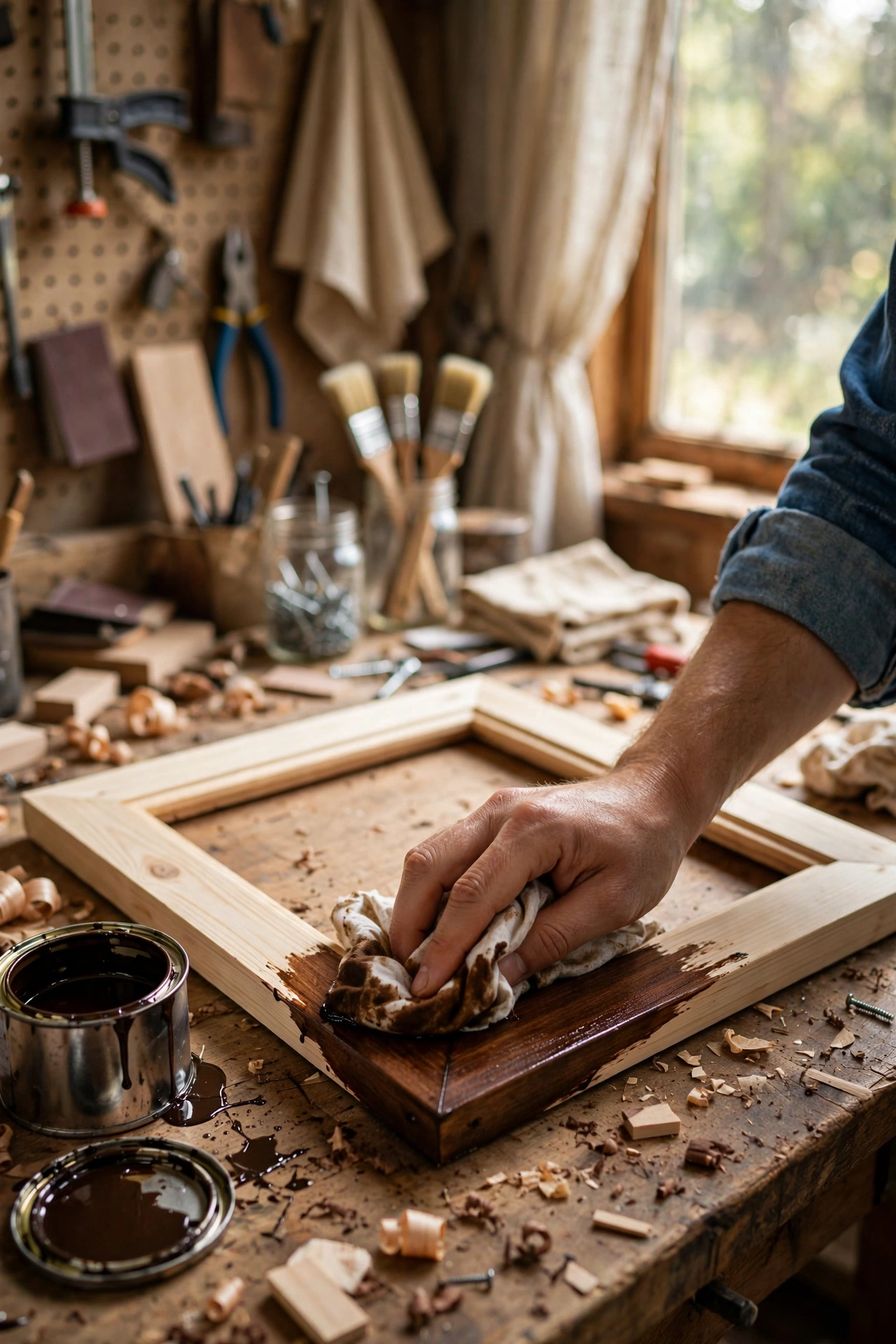 Cheap pine frame being stained dark walnut with a rag