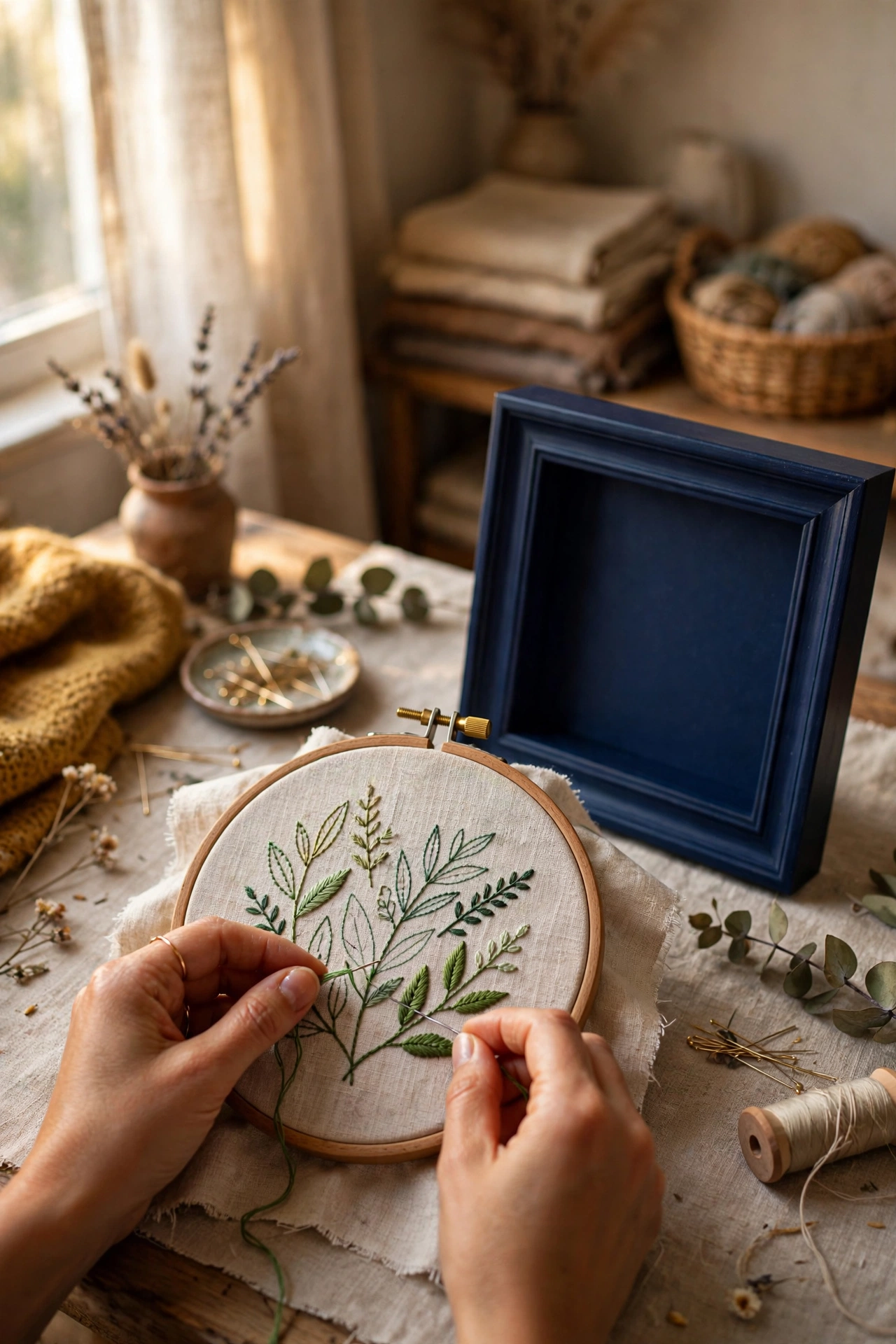 Embroidered hoop mounted inside a deep navy box frame