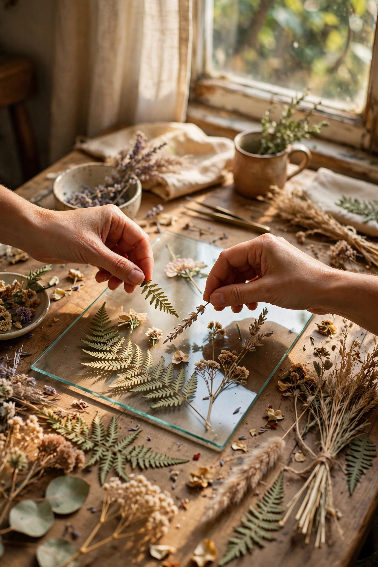 Pressed flowers sandwiched between glass in a floating frame