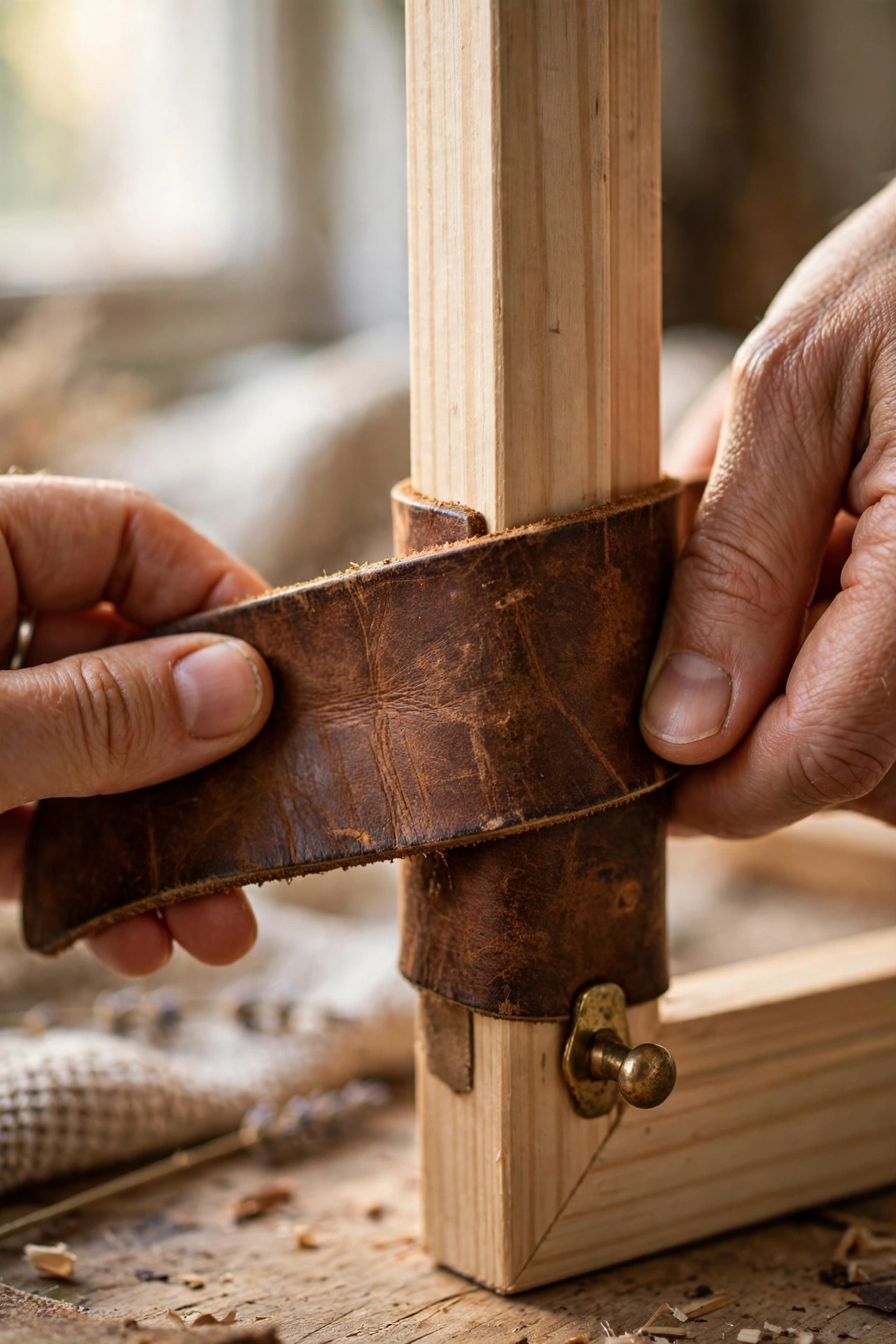 Leather belt strips wrapped around the corners of a plain frame