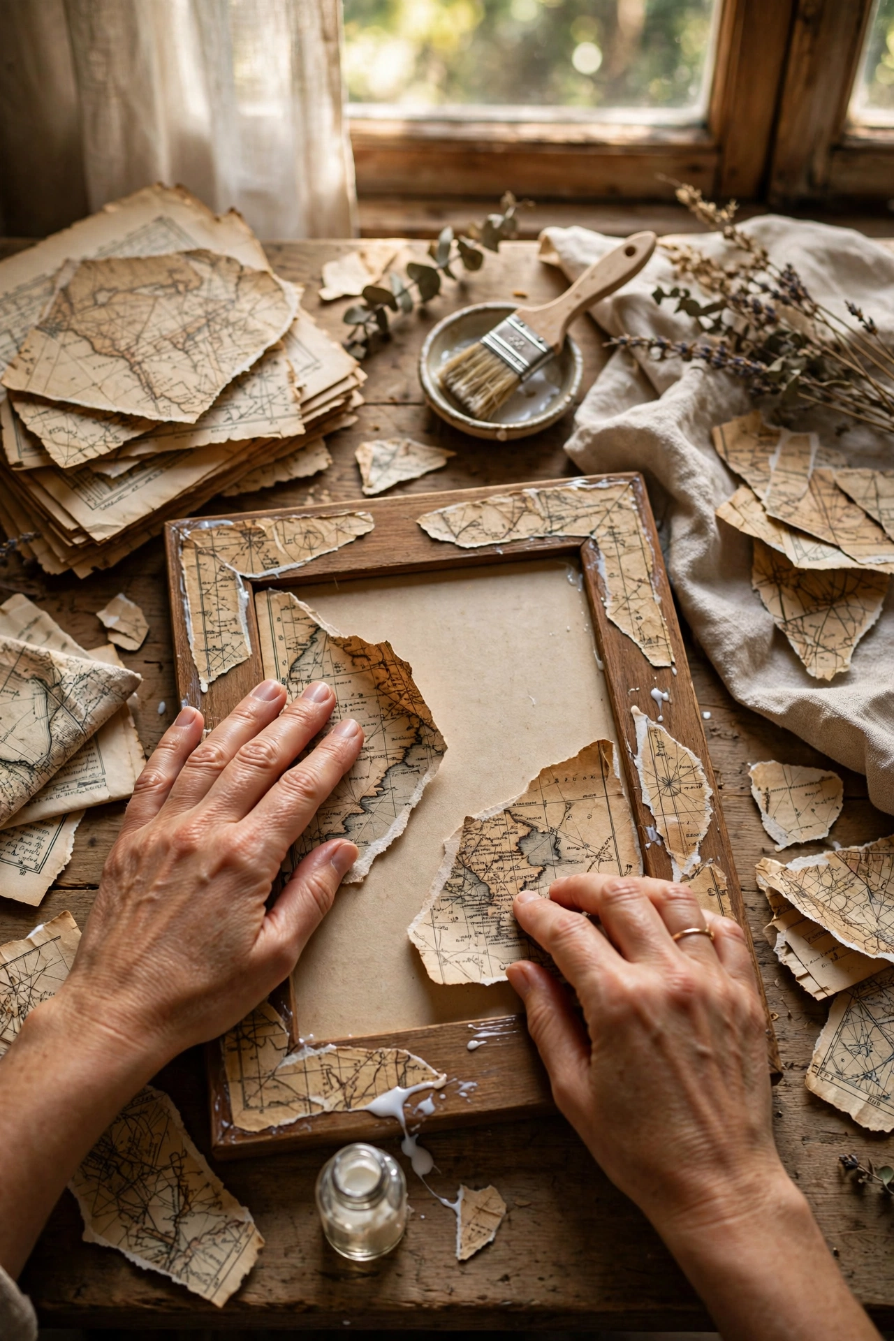 Vintage map pieces being decoupaged onto a picture frame