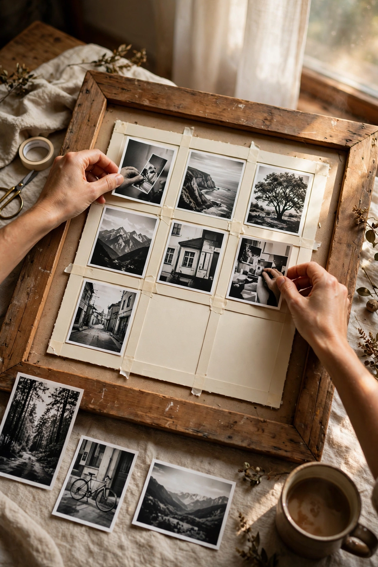 Large frame with a handmade multi-photo grid mount
