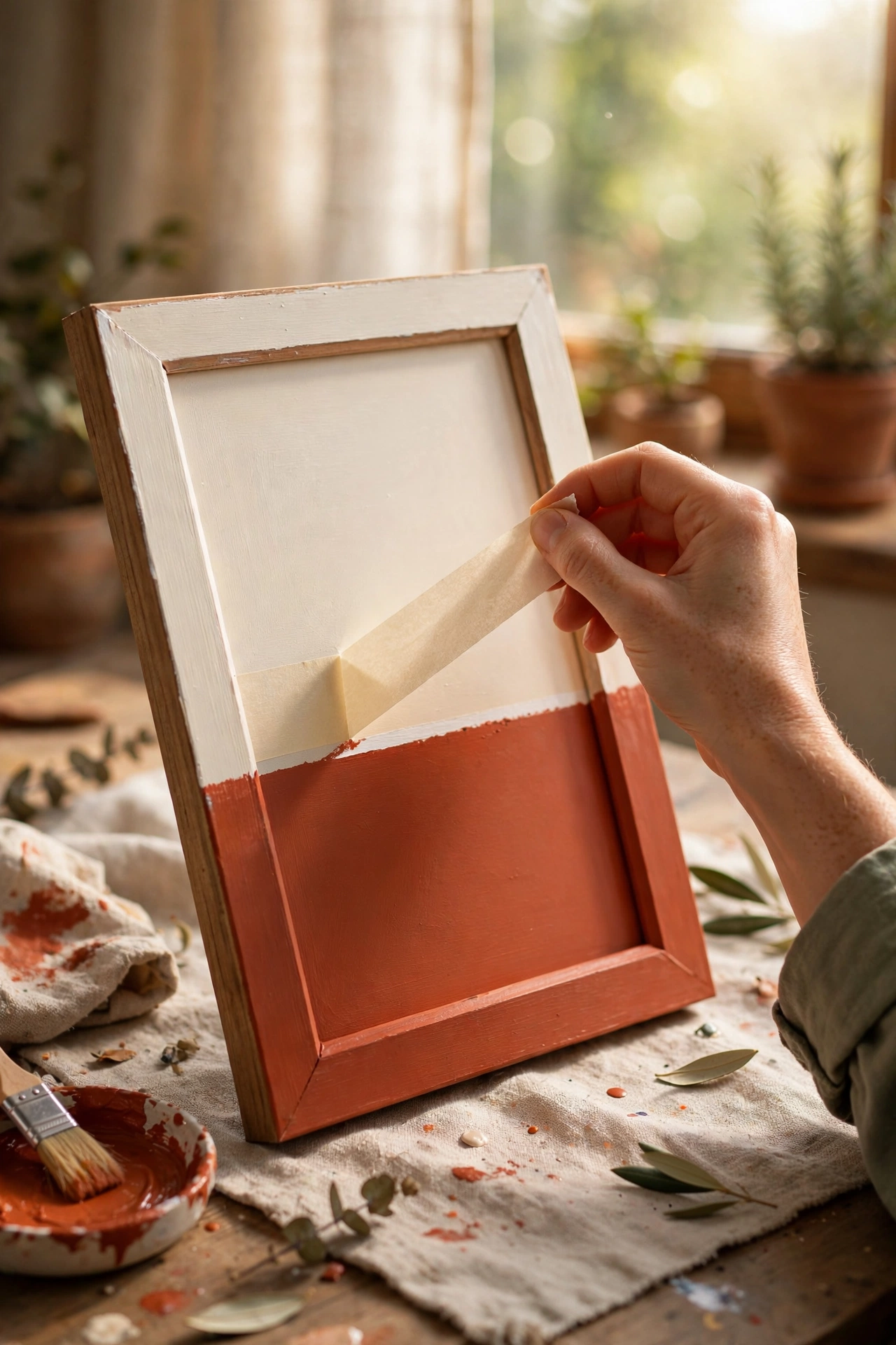 Two-tone paint-dipped frame in cream and terracotta