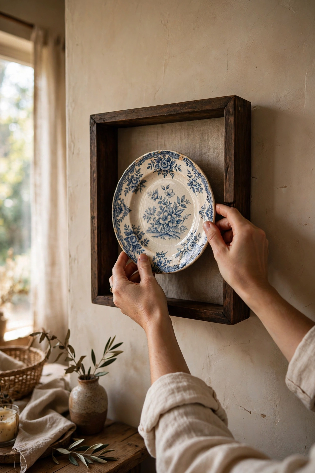 Decorative vintage plates displayed inside deep box frames