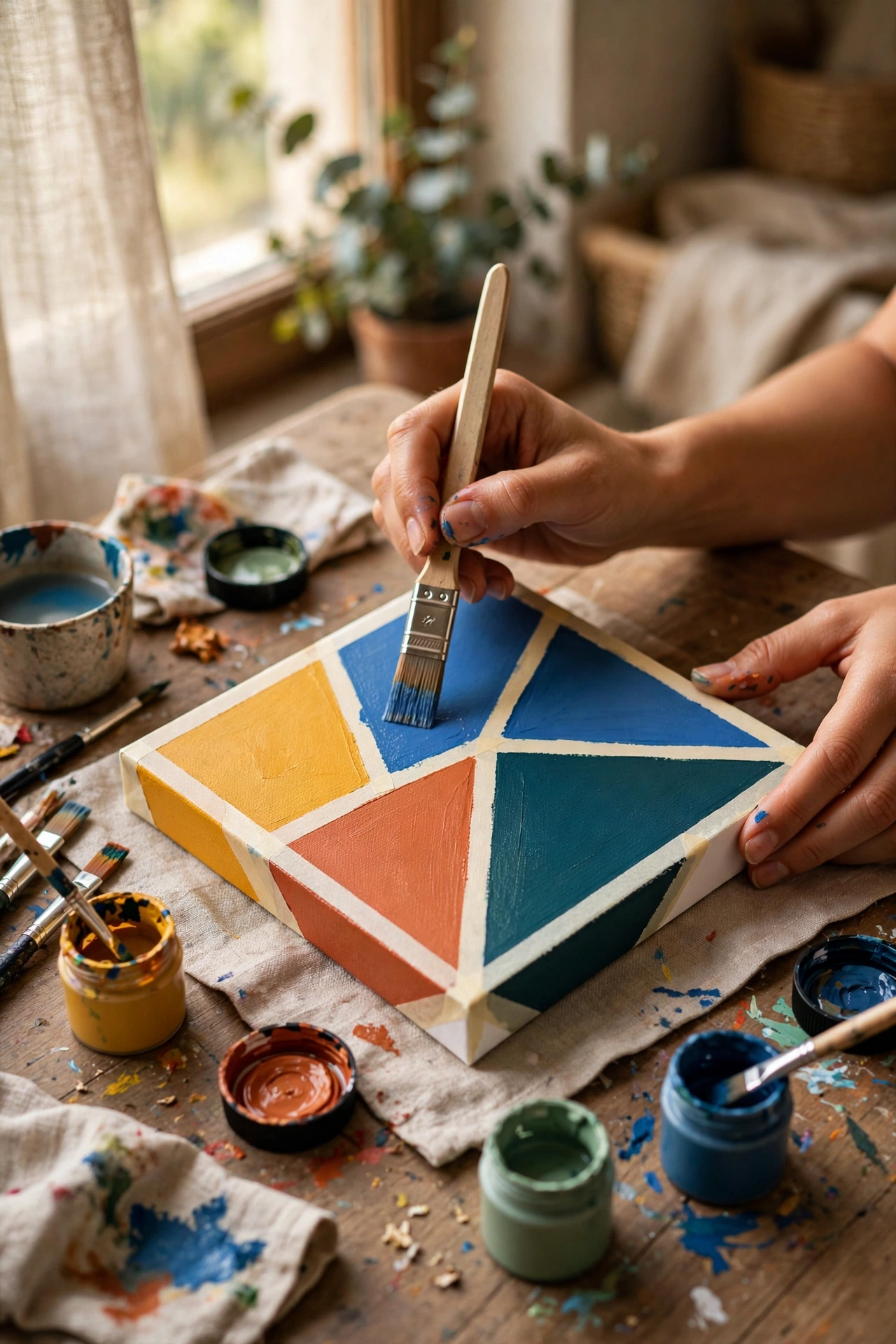 Hands painting bold two-tone blocks on a small canvas