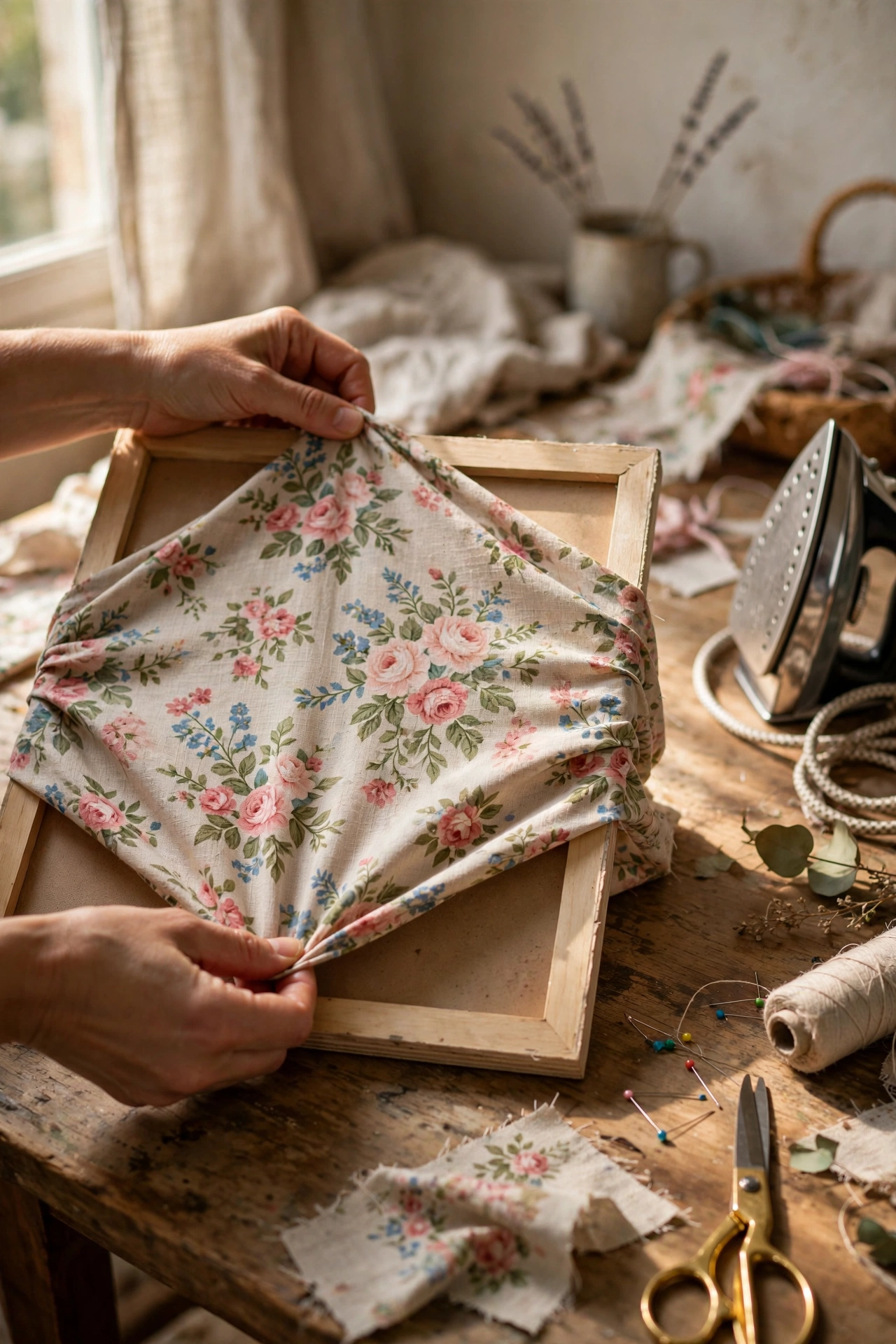 Floral fabric remnant stretched in a secondhand frame