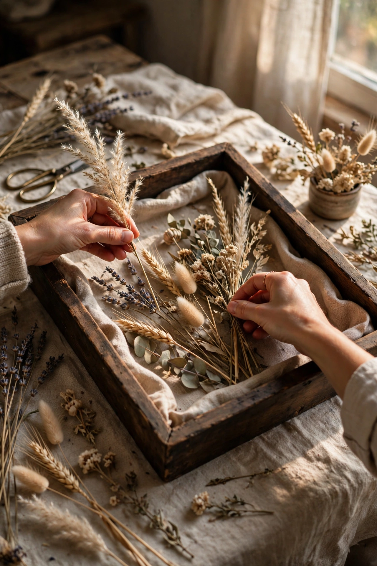 Dried flowers arranged in a deep shadow box frame