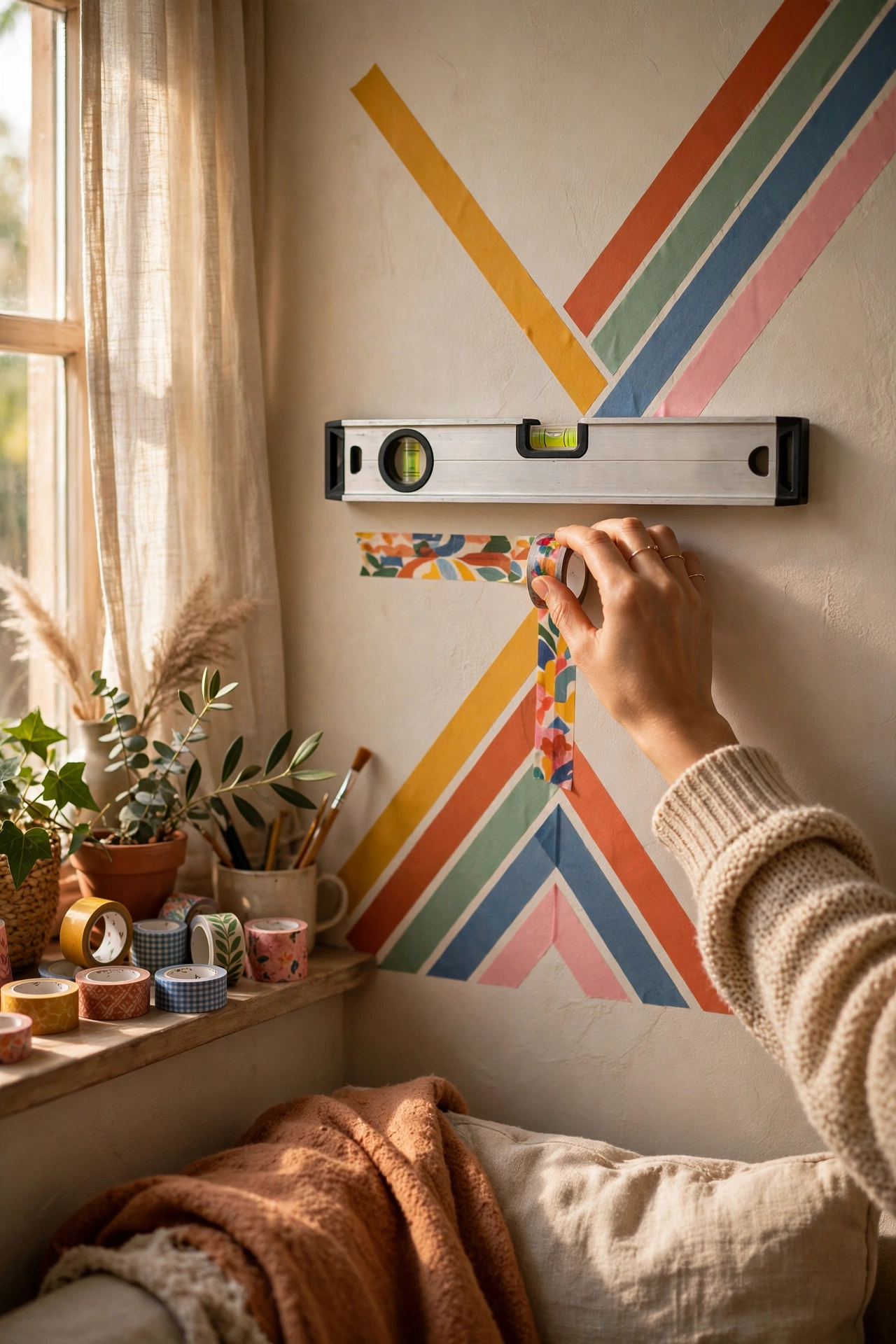 Geometric washi tape mural being applied to a living room wall