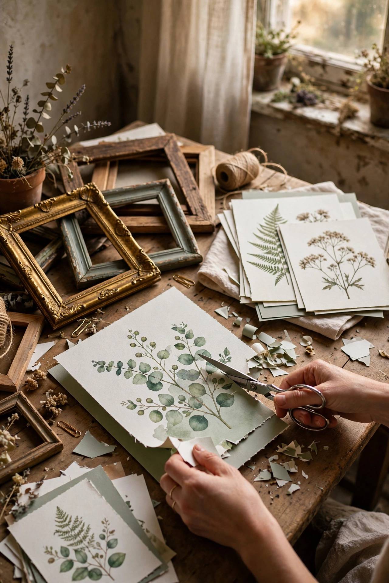 Botanical printables being trimmed for thrift store frames