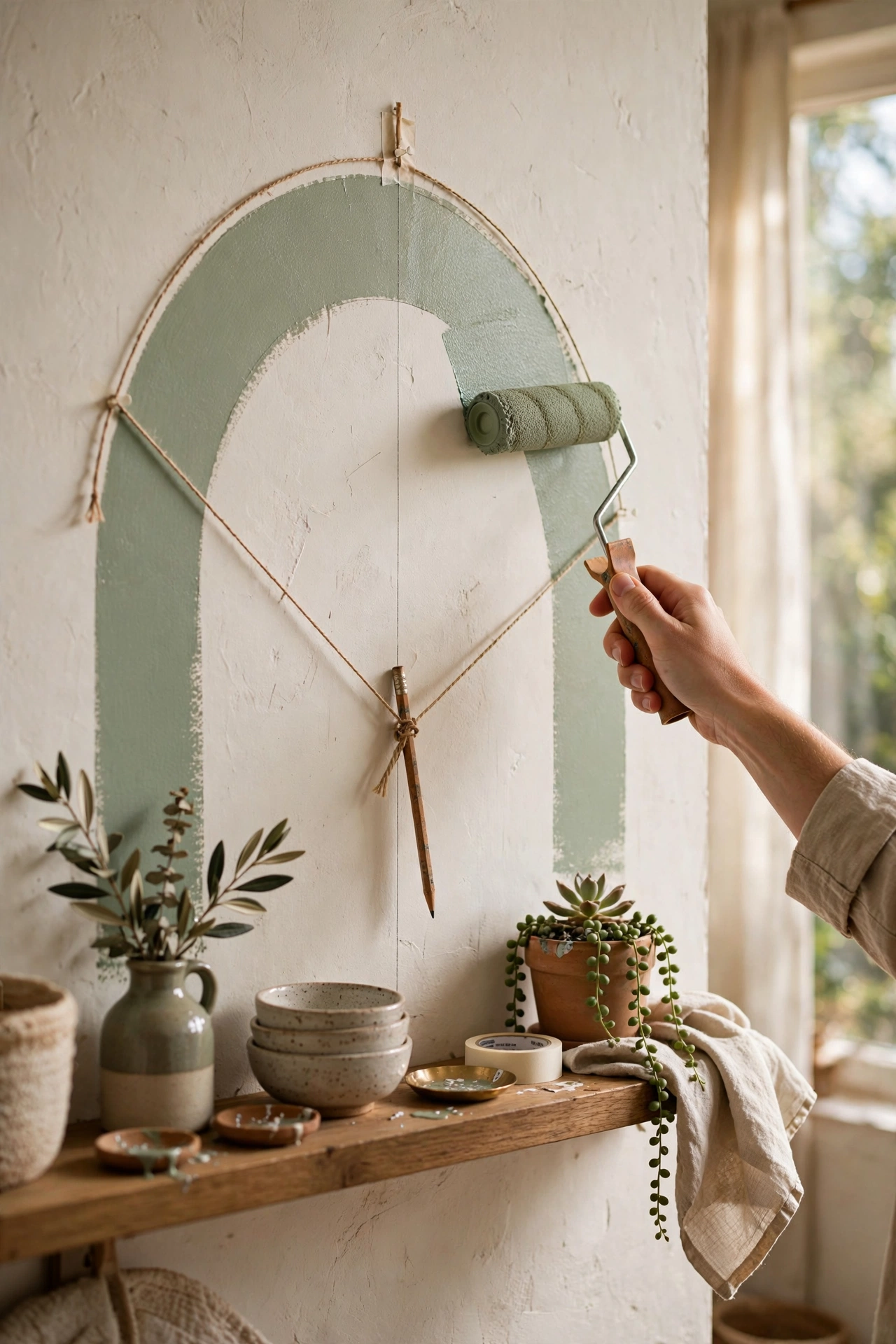 Sage green painted arch behind a styled wooden shelf