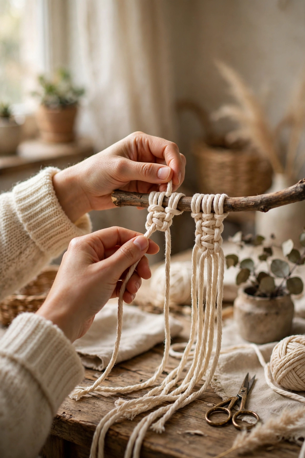 Macramé wall hanging knotted on a natural branch