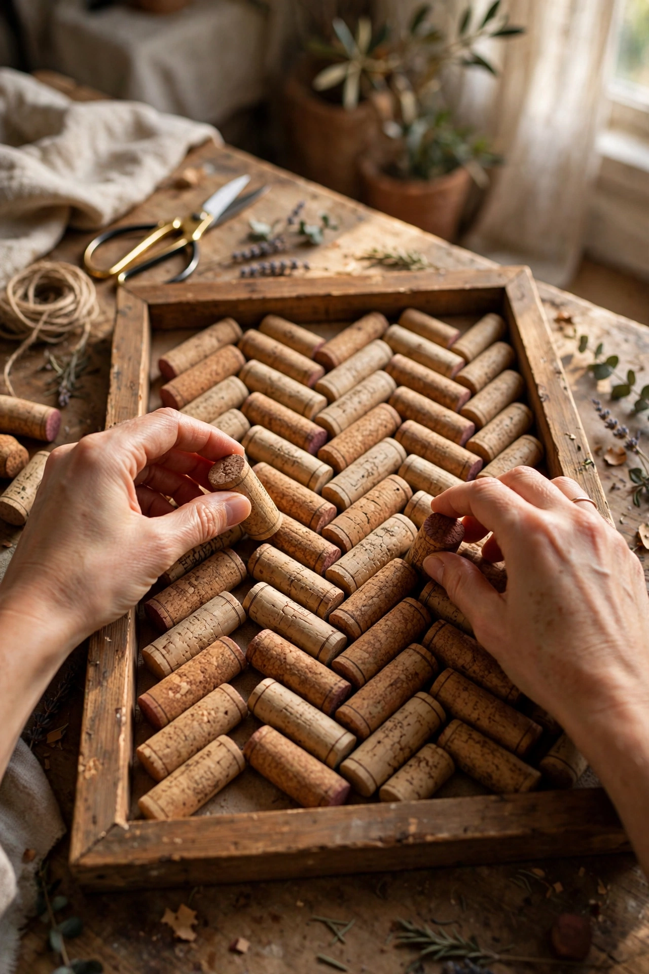 Wine corks arranged in a herringbone pattern for wall art