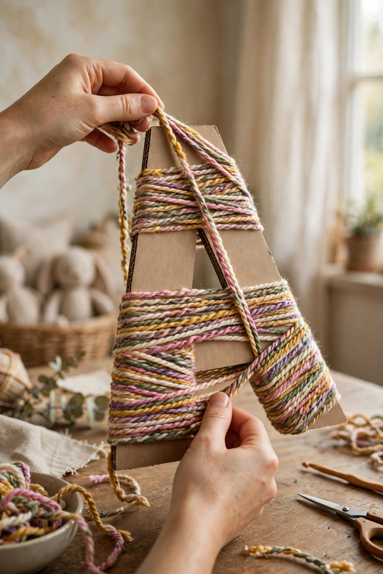 Cardboard letter being wrapped tightly with colourful yarn