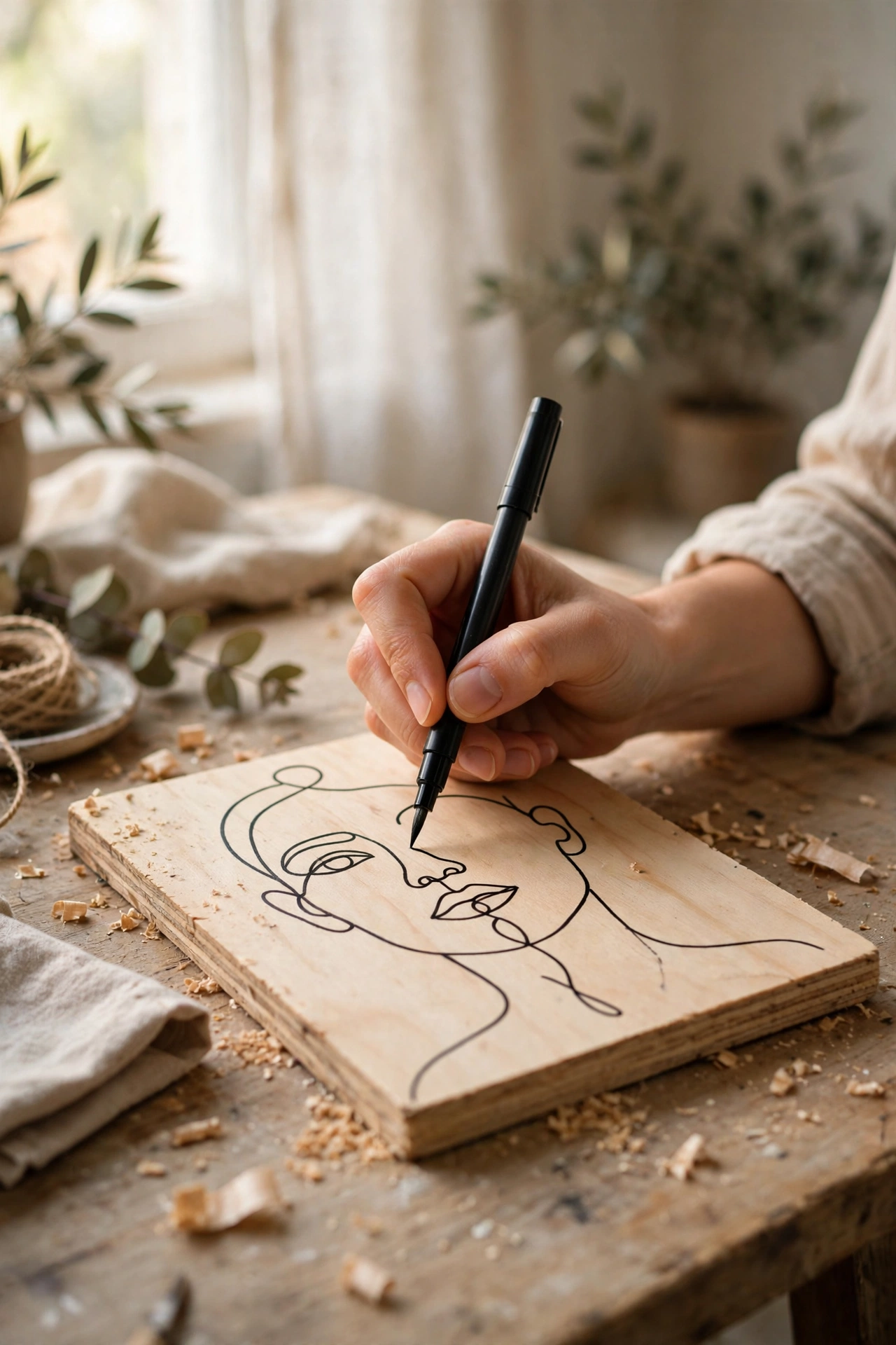 Continuous line face drawn on a small plywood board