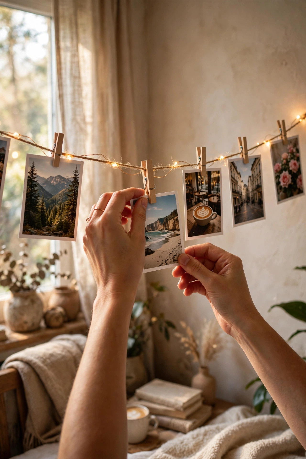 Photo prints clipped with mini pegs on twine with fairy lights