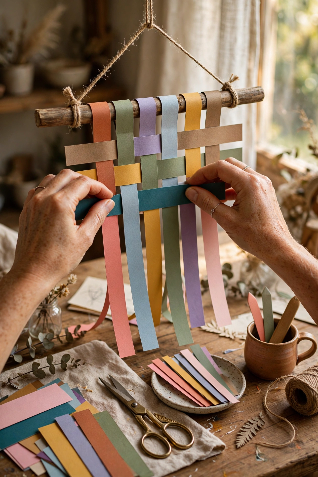 Colourful paper strips woven on a wooden dowel wall hanging