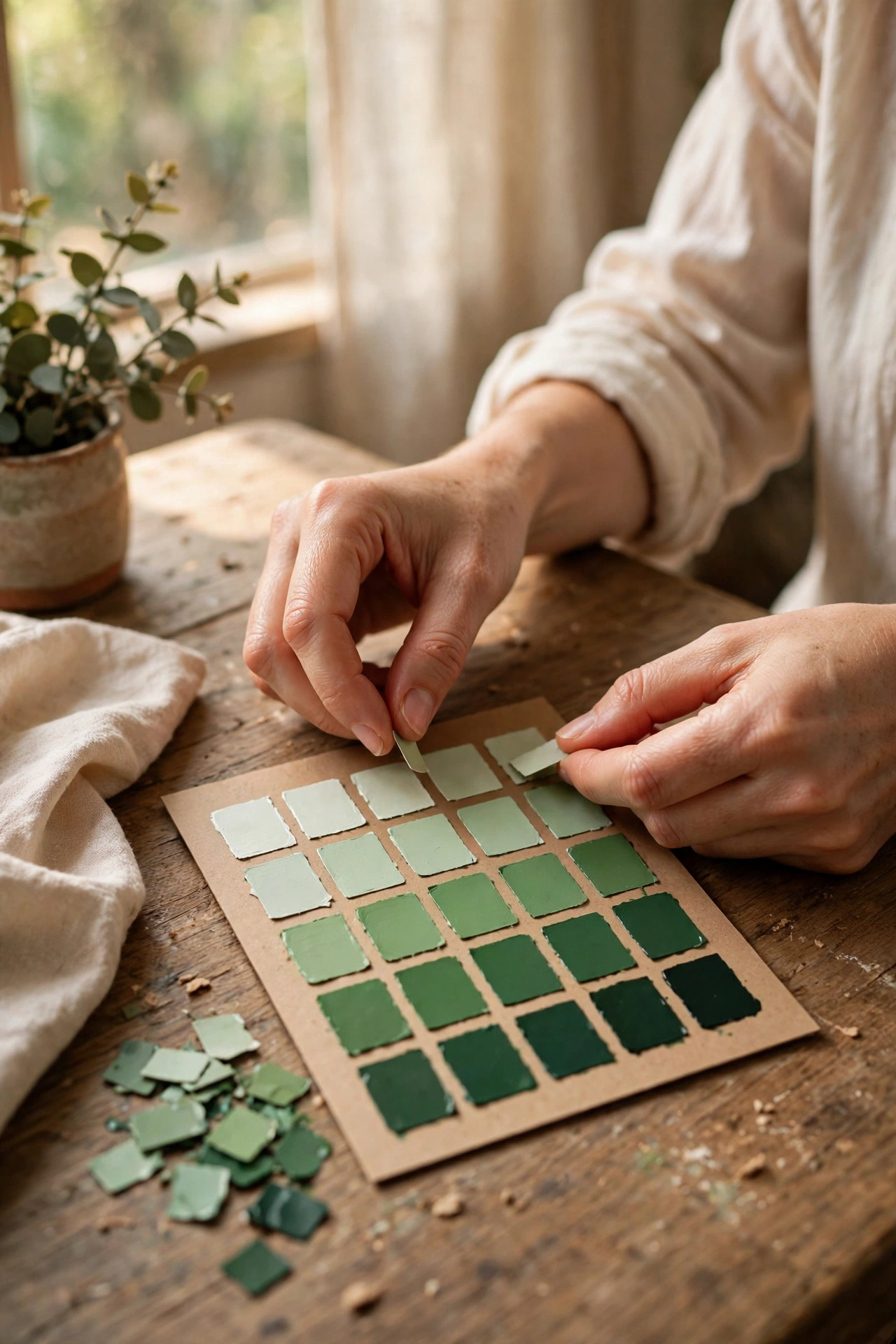 Ombre mosaic of free paint chips framed under glass