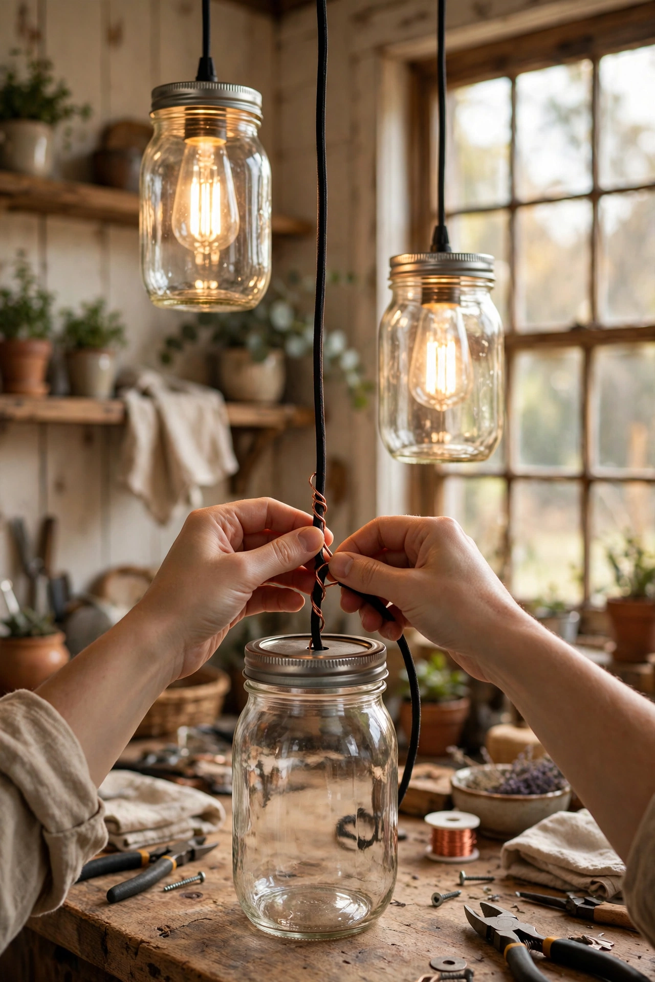 Mason jars hanging as pendant lights from a ceiling beam