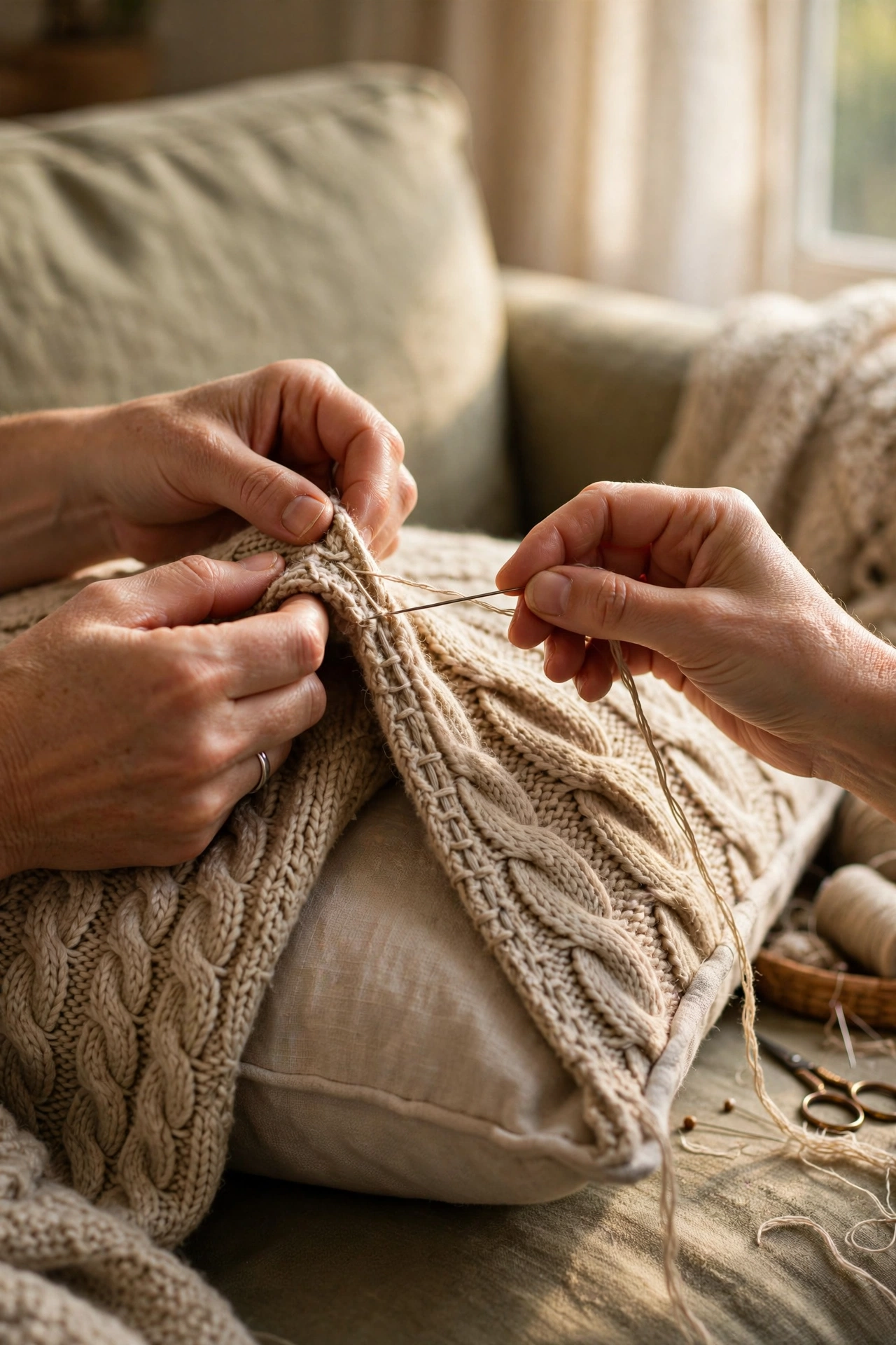 Cable knit sweater sewn into a cosy cushion cover