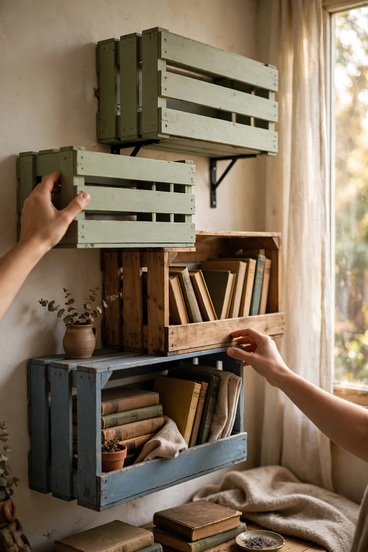 Wooden crates stacked and screwed into rustic shelving