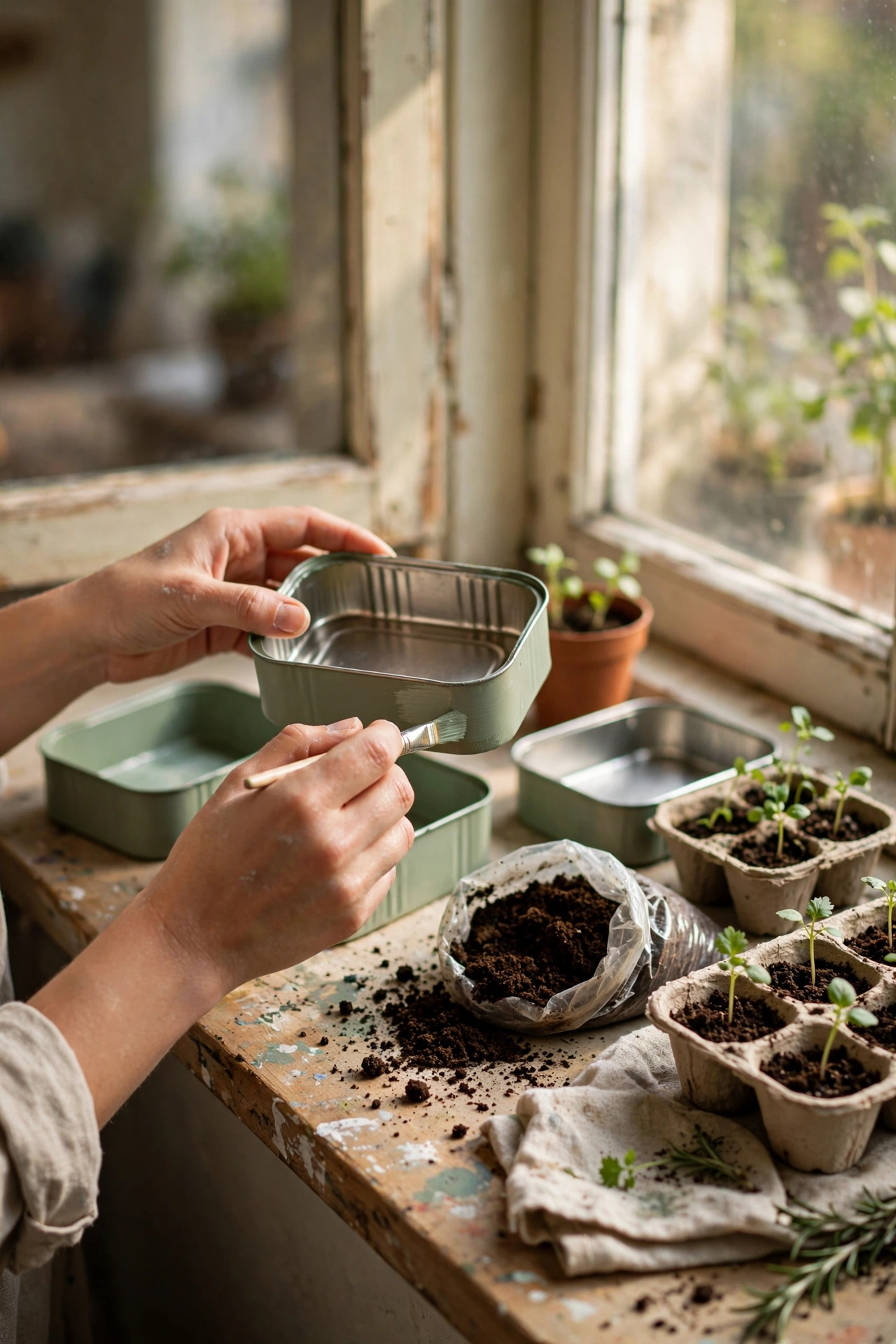 Painted tin cans as herb planters on a windowsill