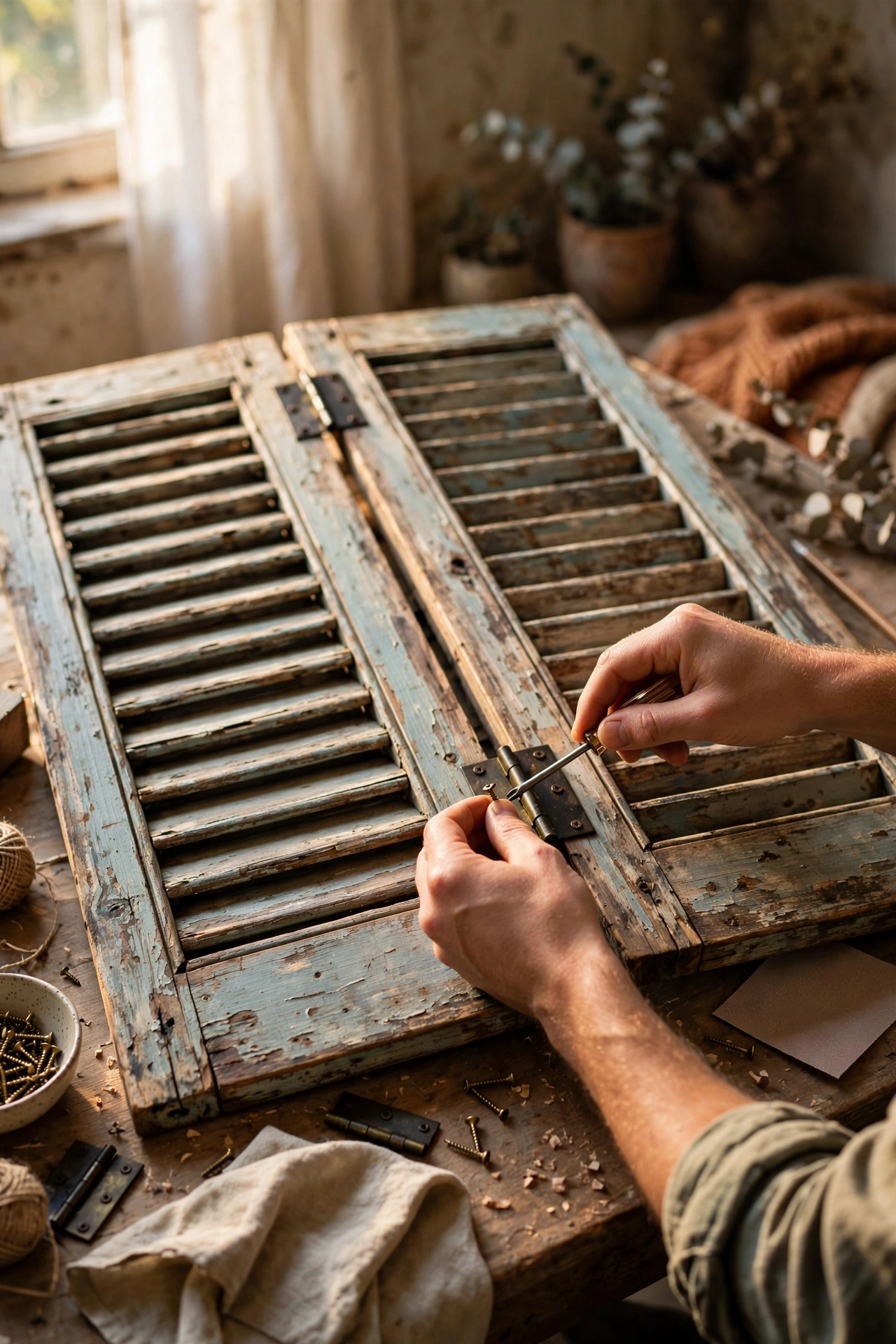 Two old shutters hinged into a vintage room divider
