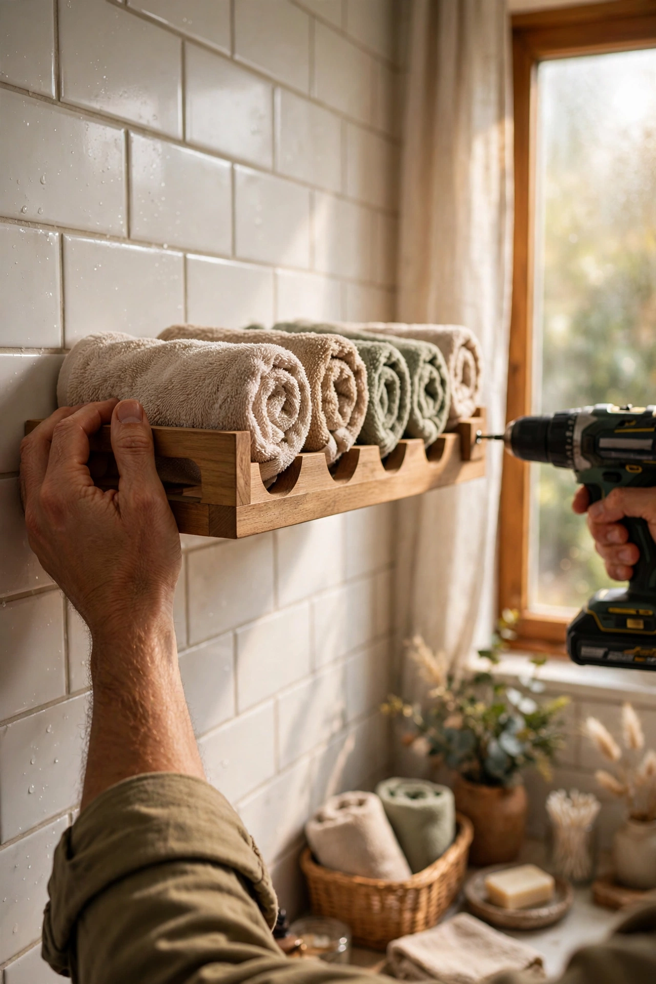 Countertop wine rack mounted as a bathroom towel holder