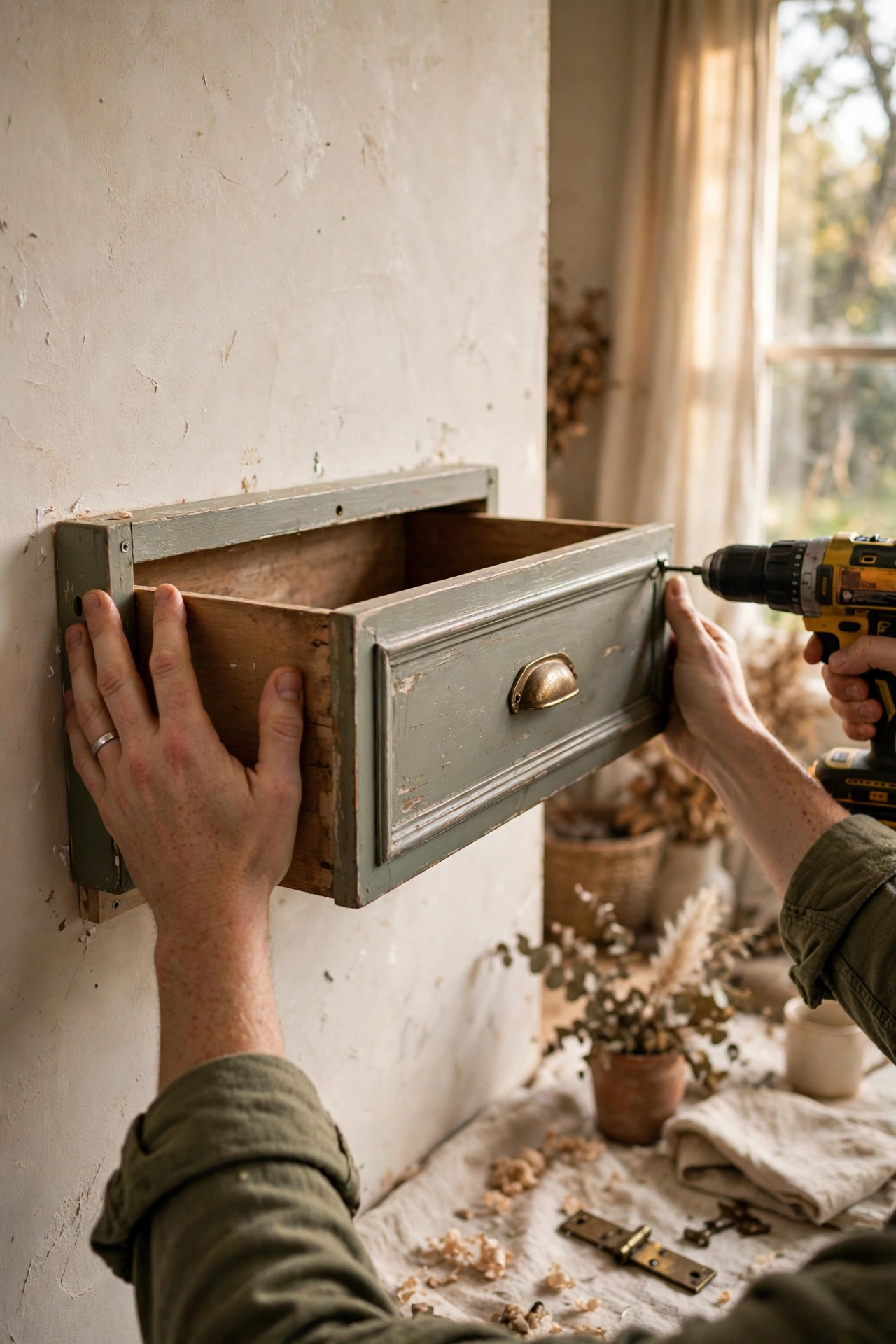 Old dresser drawers mounted as deep wall shelves