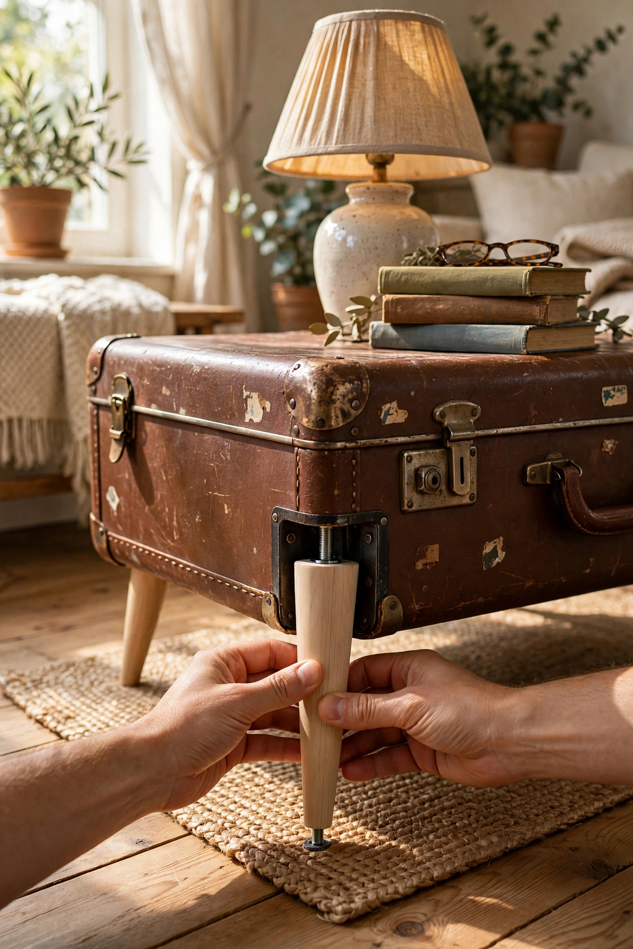 Vintage suitcase on tapered legs used as a side table