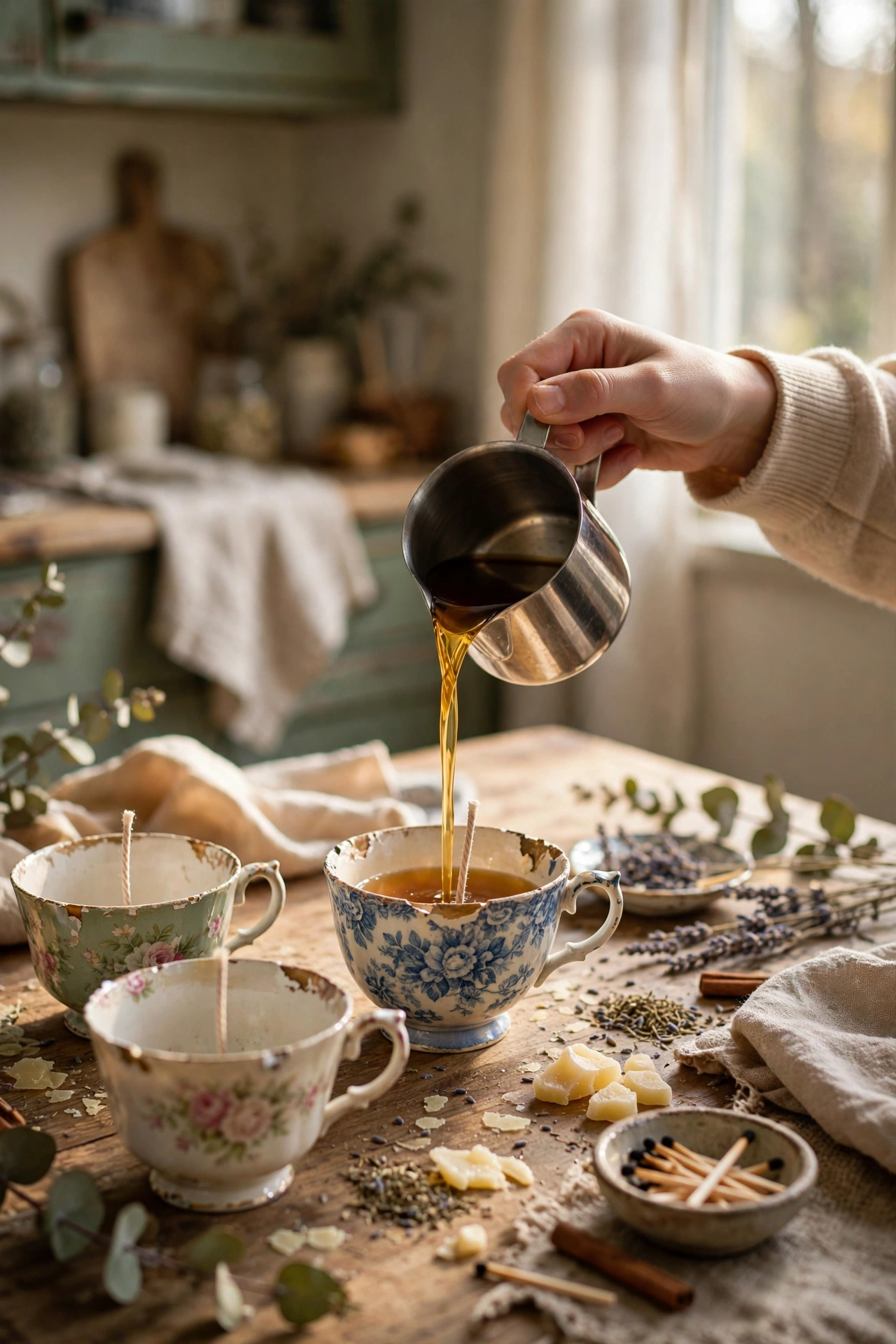 Soy candles poured into chipped vintage teacups