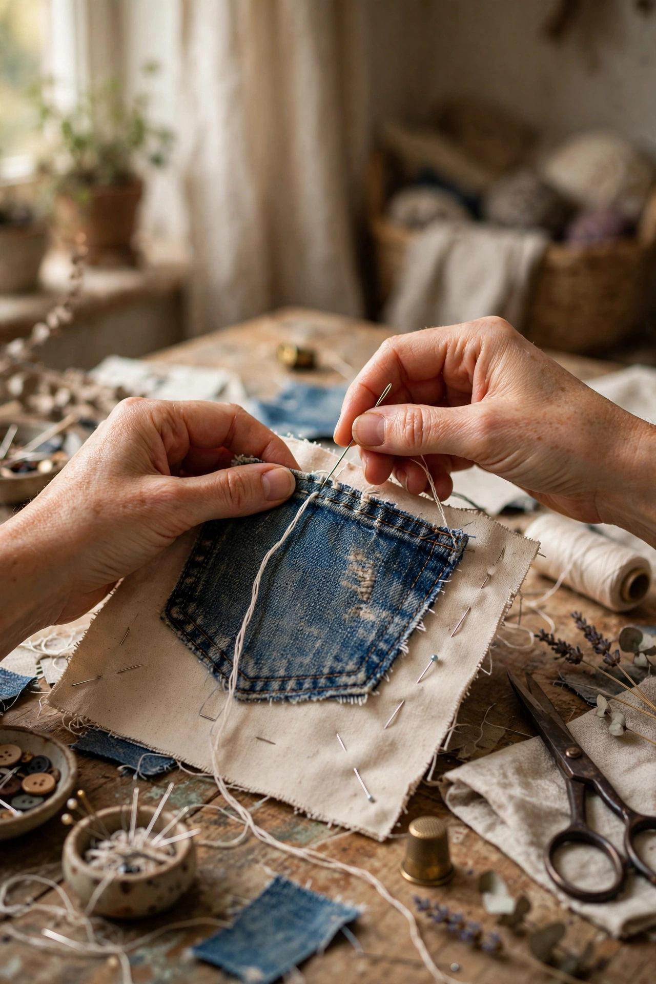 Denim jeans pockets stitched onto a fabric wall organiser