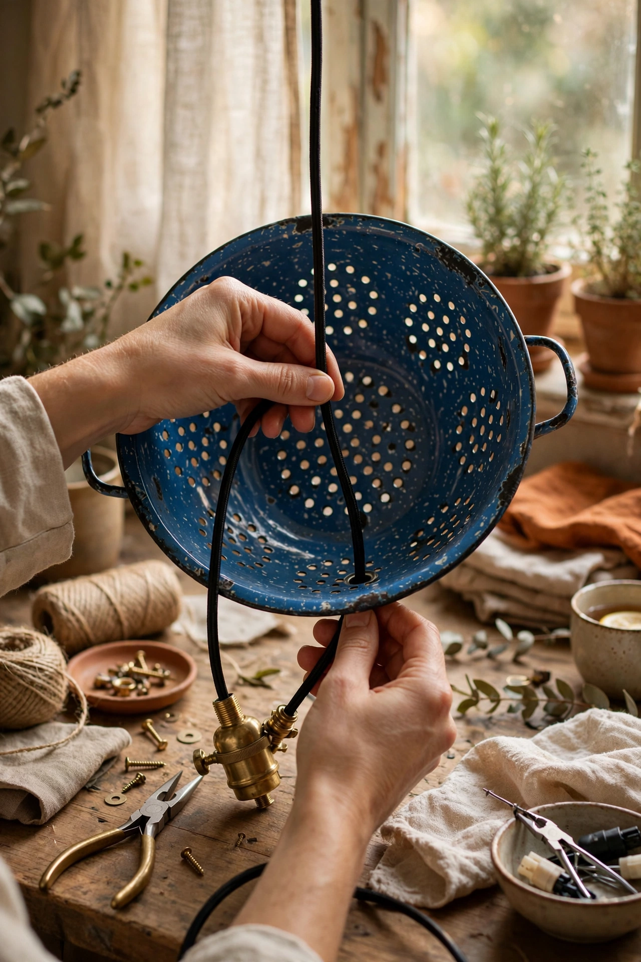 Metal colander wired as a pendant lamp shade