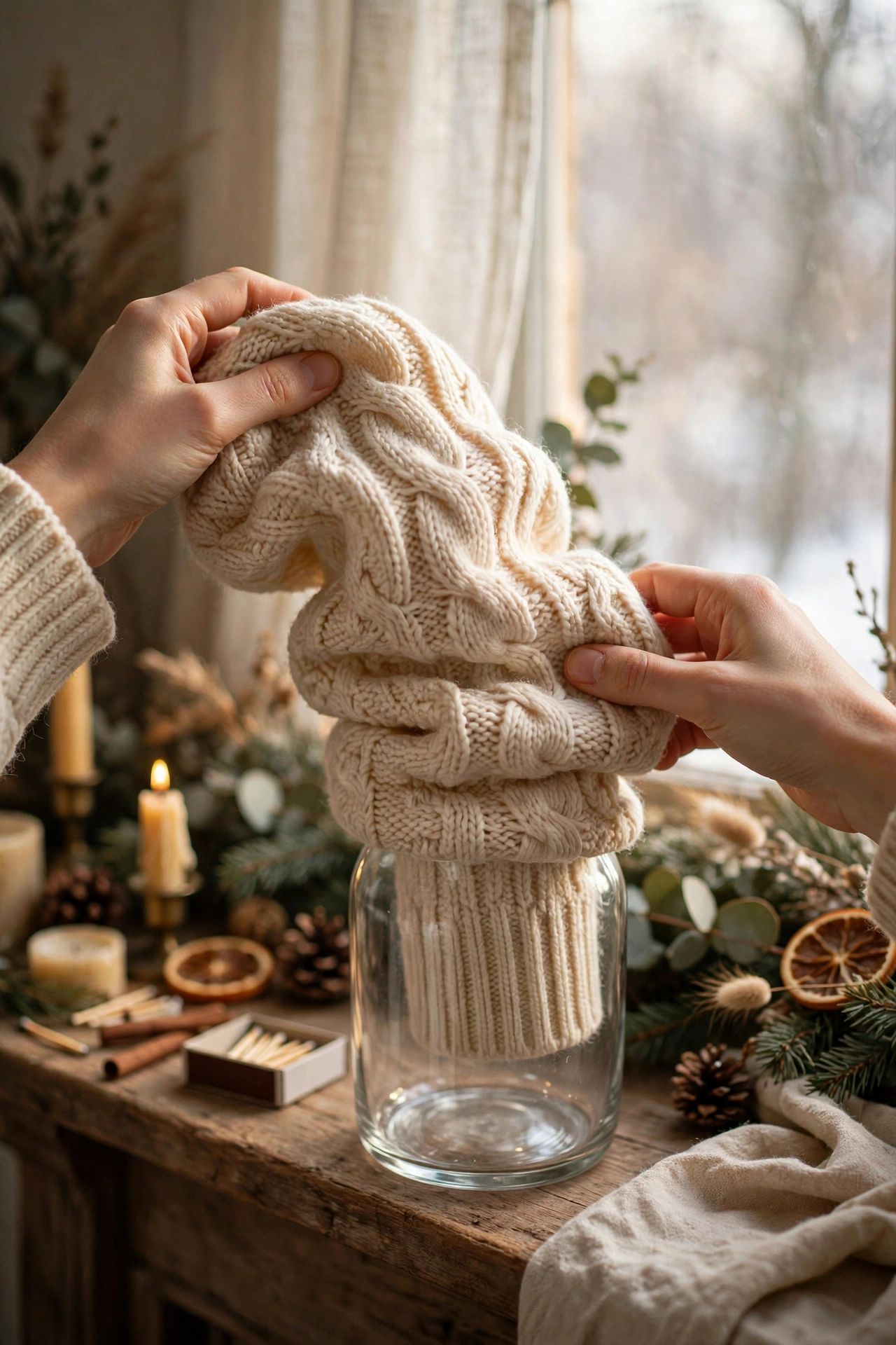 Jumper sleeves slipped over plain glass vases