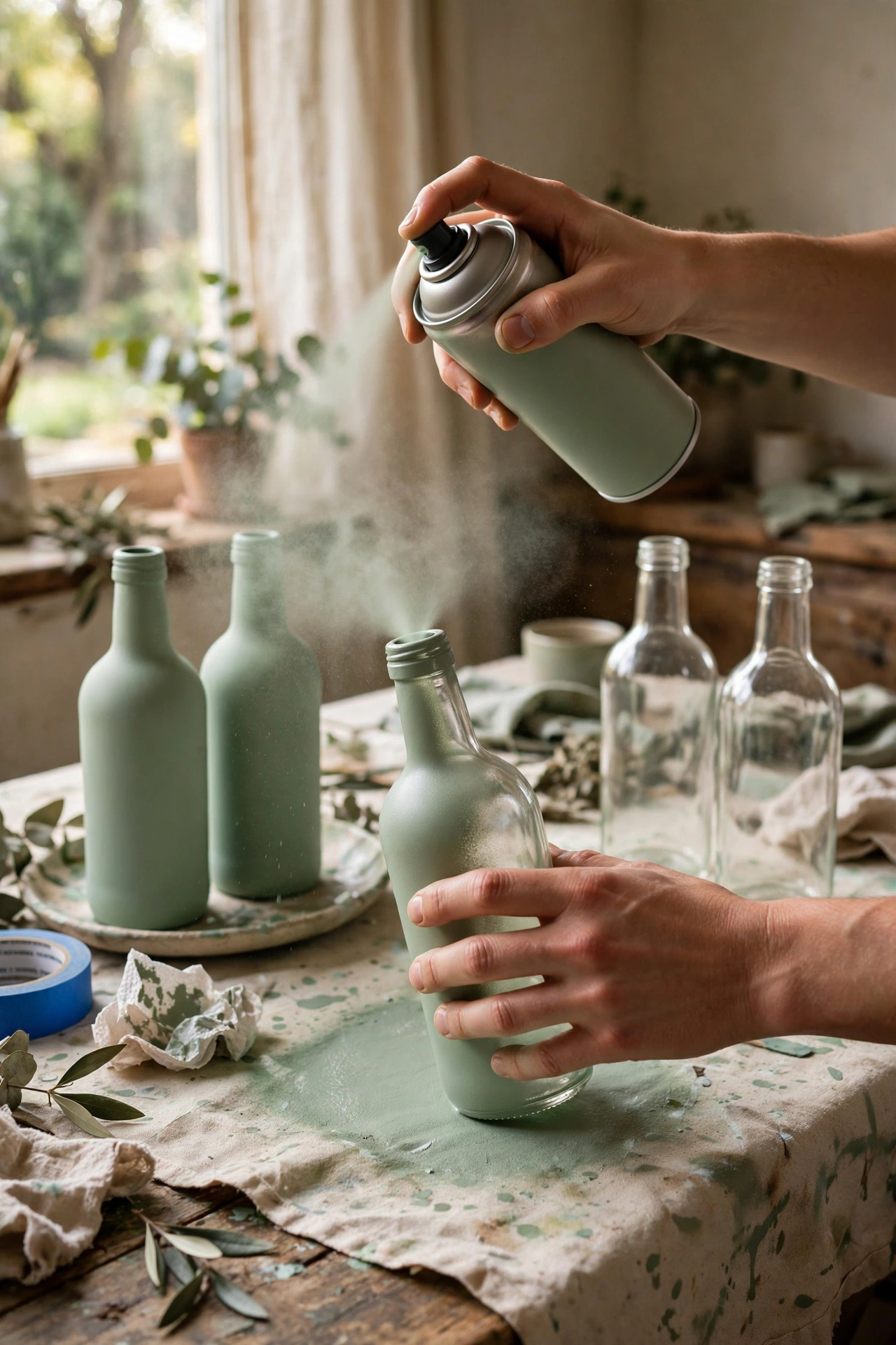 Glass bottles spray painted into a coordinated vase collection
