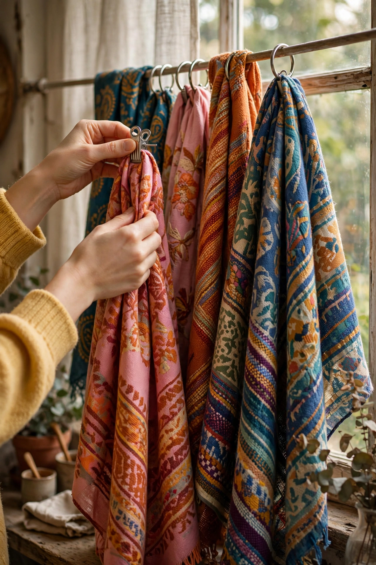 Silk scarves clipped onto rings as bohemian curtain panels