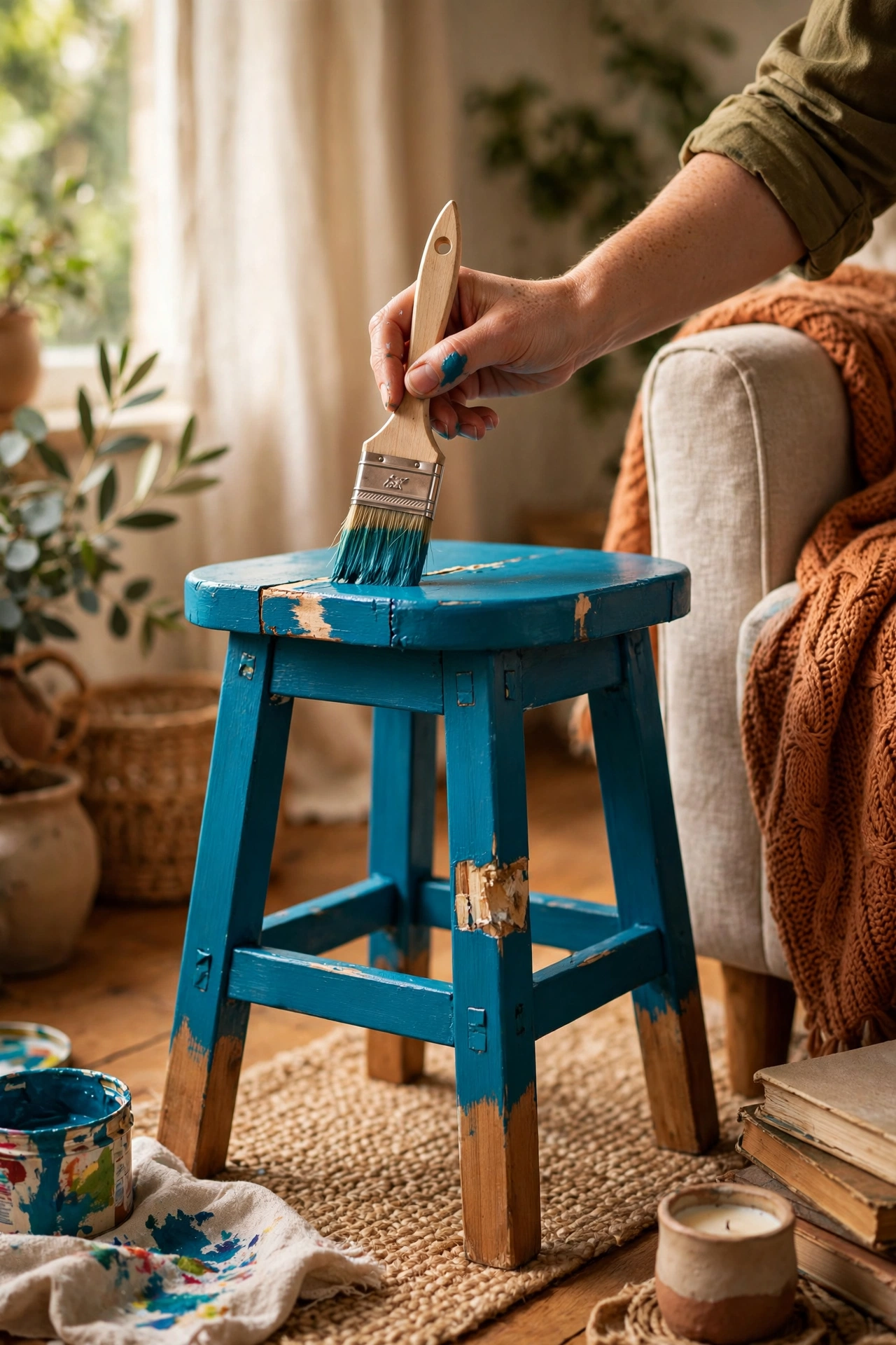 Wobbly wooden stool repaired and painted as a side table