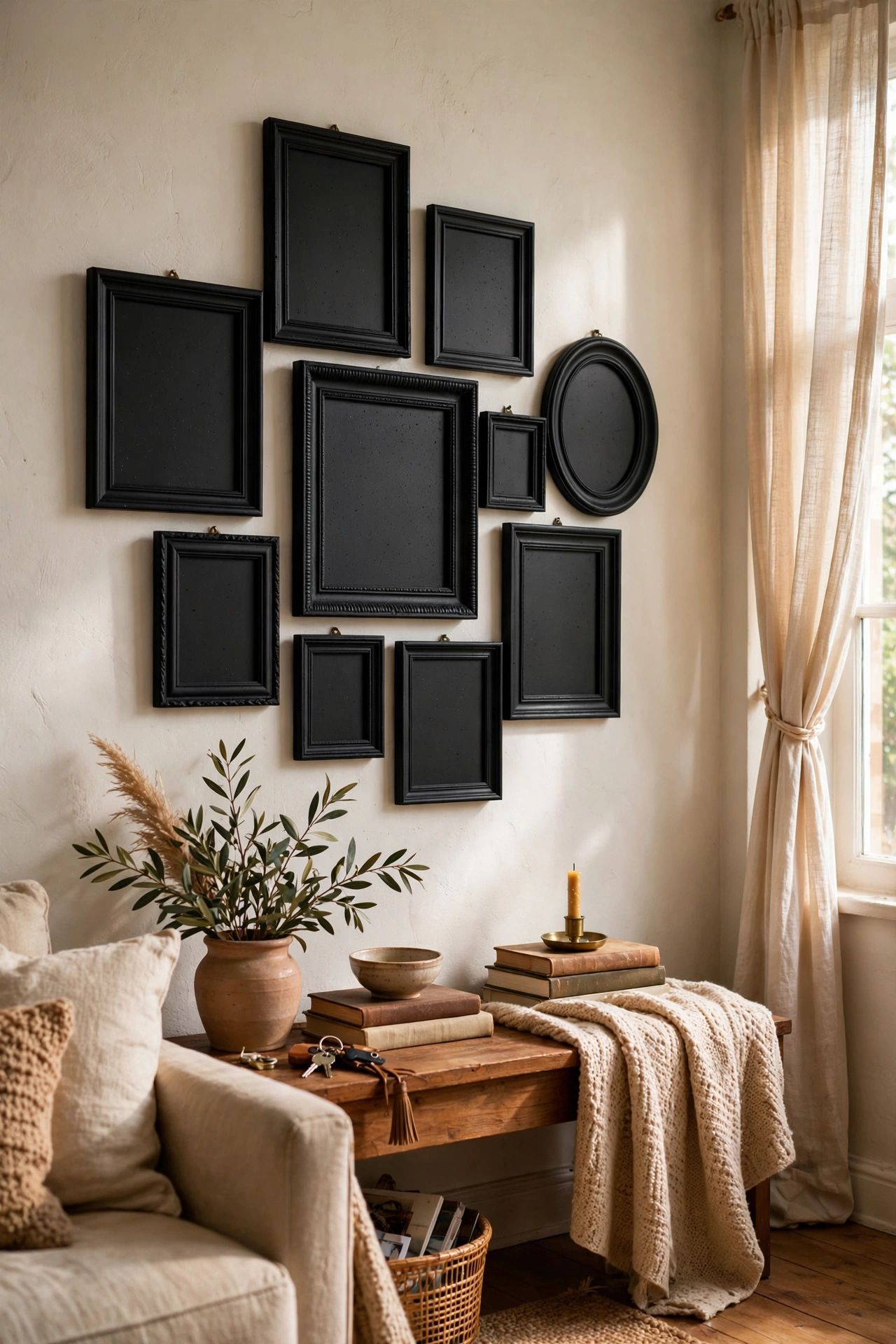Gallery wall of mismatched thrift frames all spray painted matte black