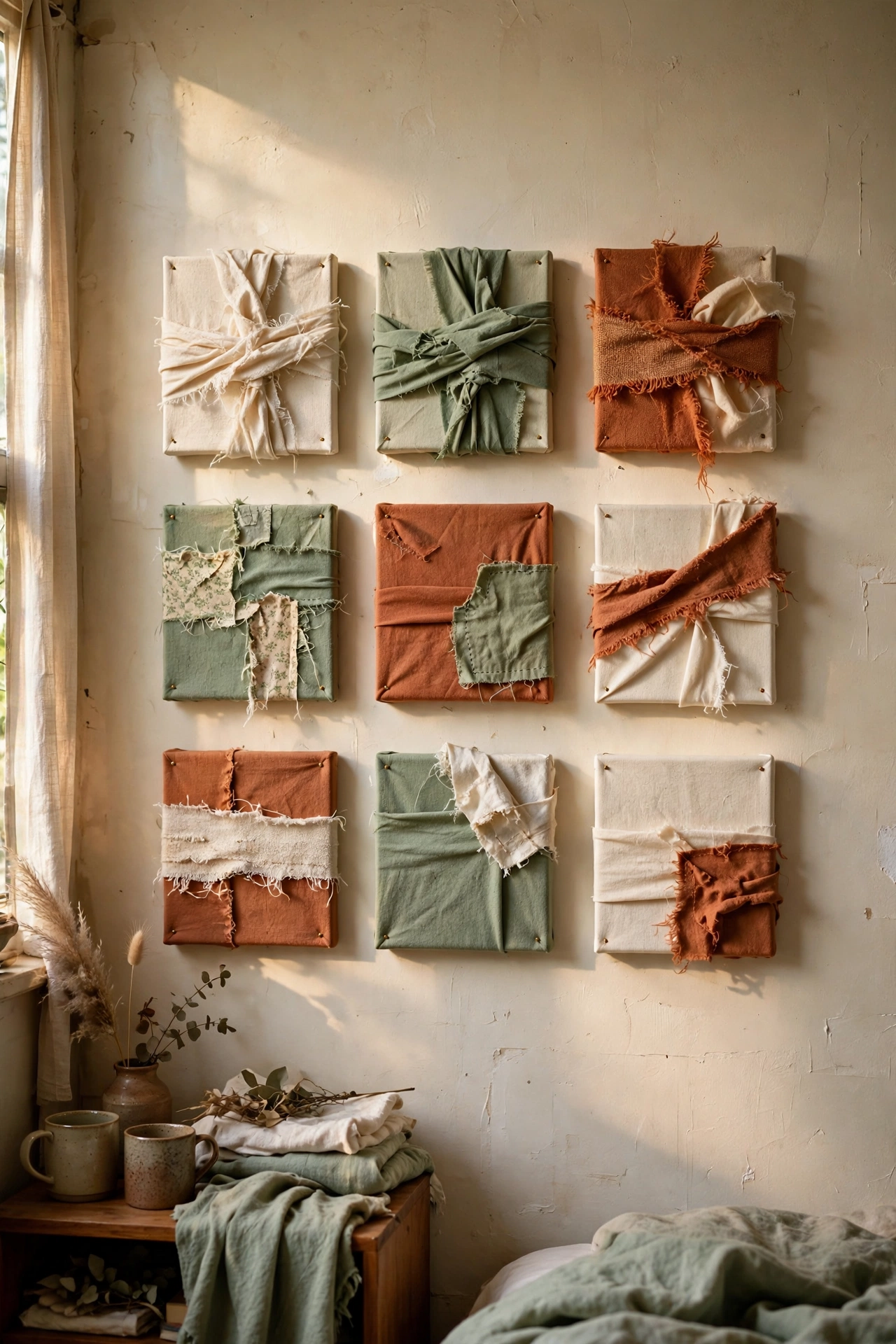 Grid of nine small canvases wrapped in toning fabric scraps