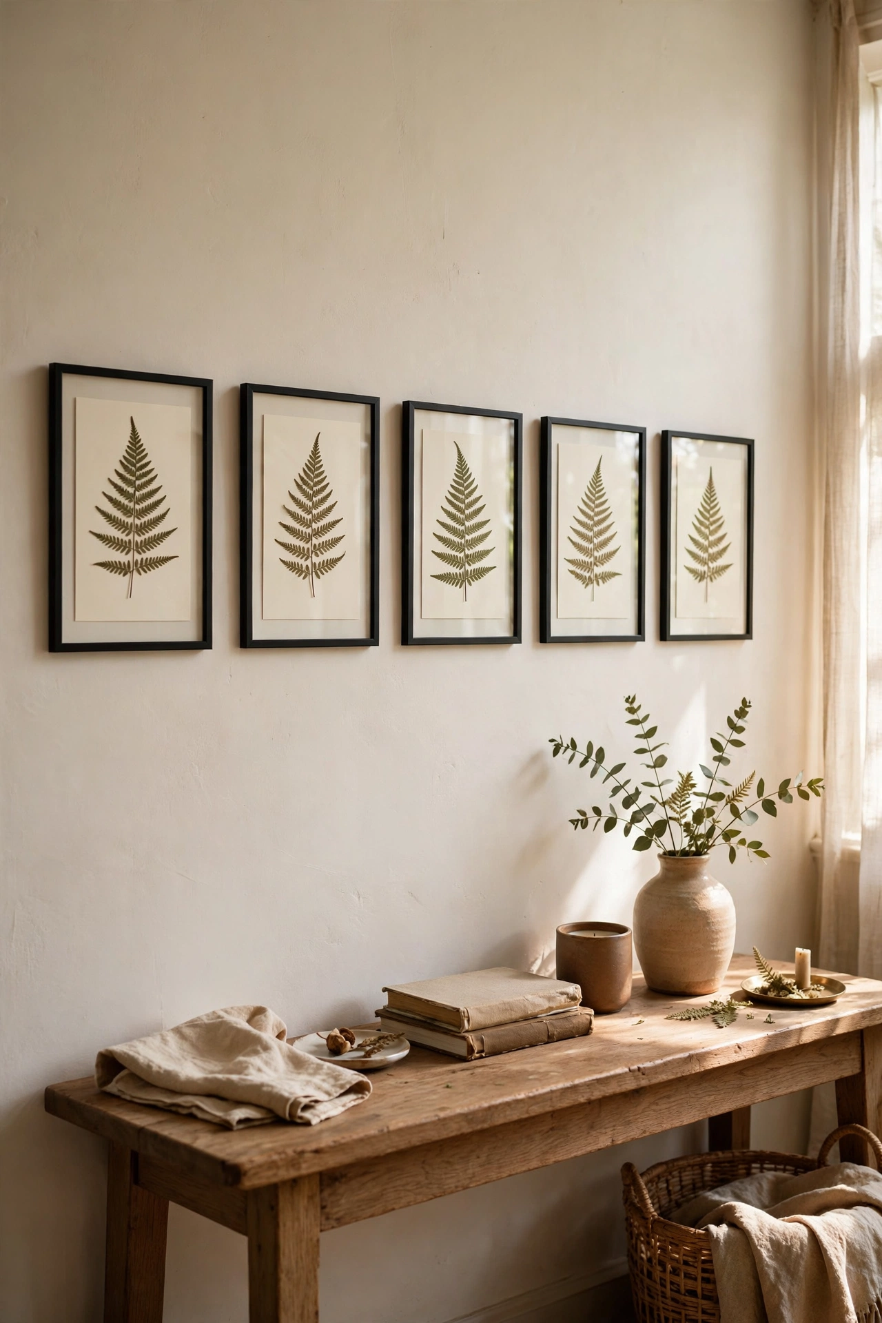 Slim frames holding real pressed ferns and leaves on cream card
