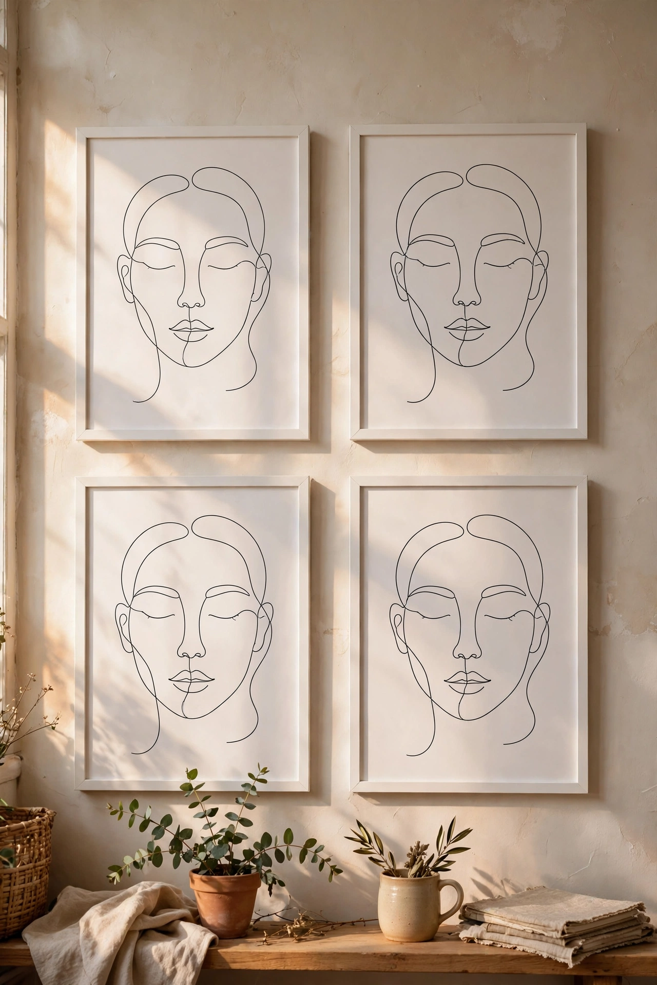 Set of four framed single-line face drawings in black ink