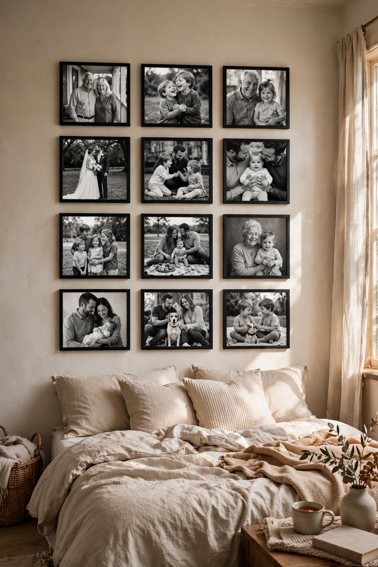 Twelve black and white photos in identical thin frames above a bed