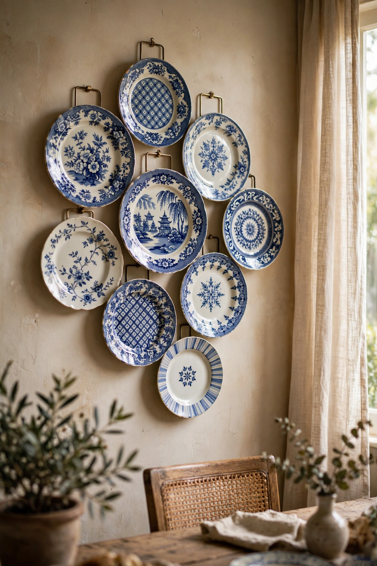 Organic cluster of blue and white thrifted plates on dining room wall