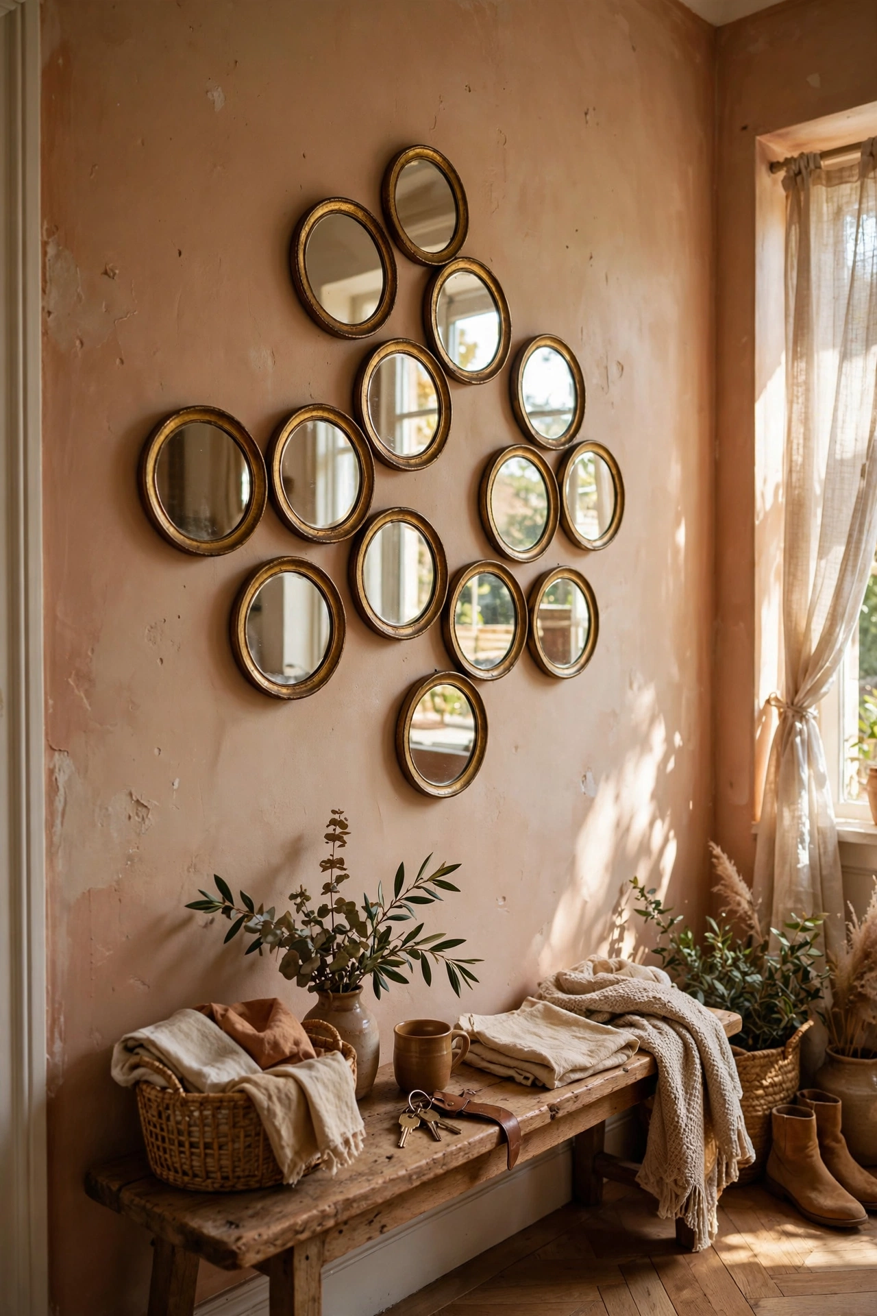 Honeycomb cluster of small round mirrors with gold rims in hallway