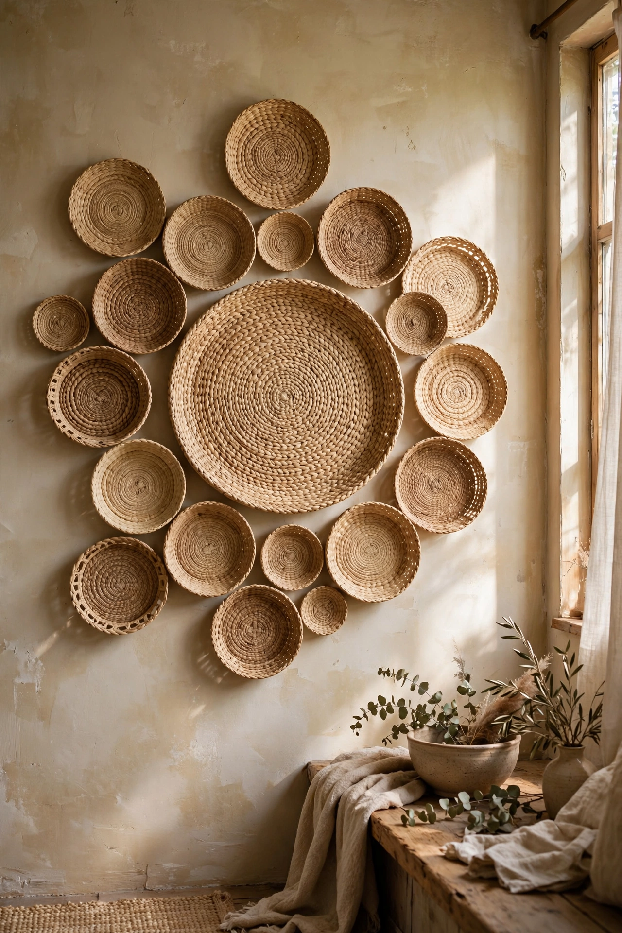Radiating display of flat woven seagrass baskets on a wall