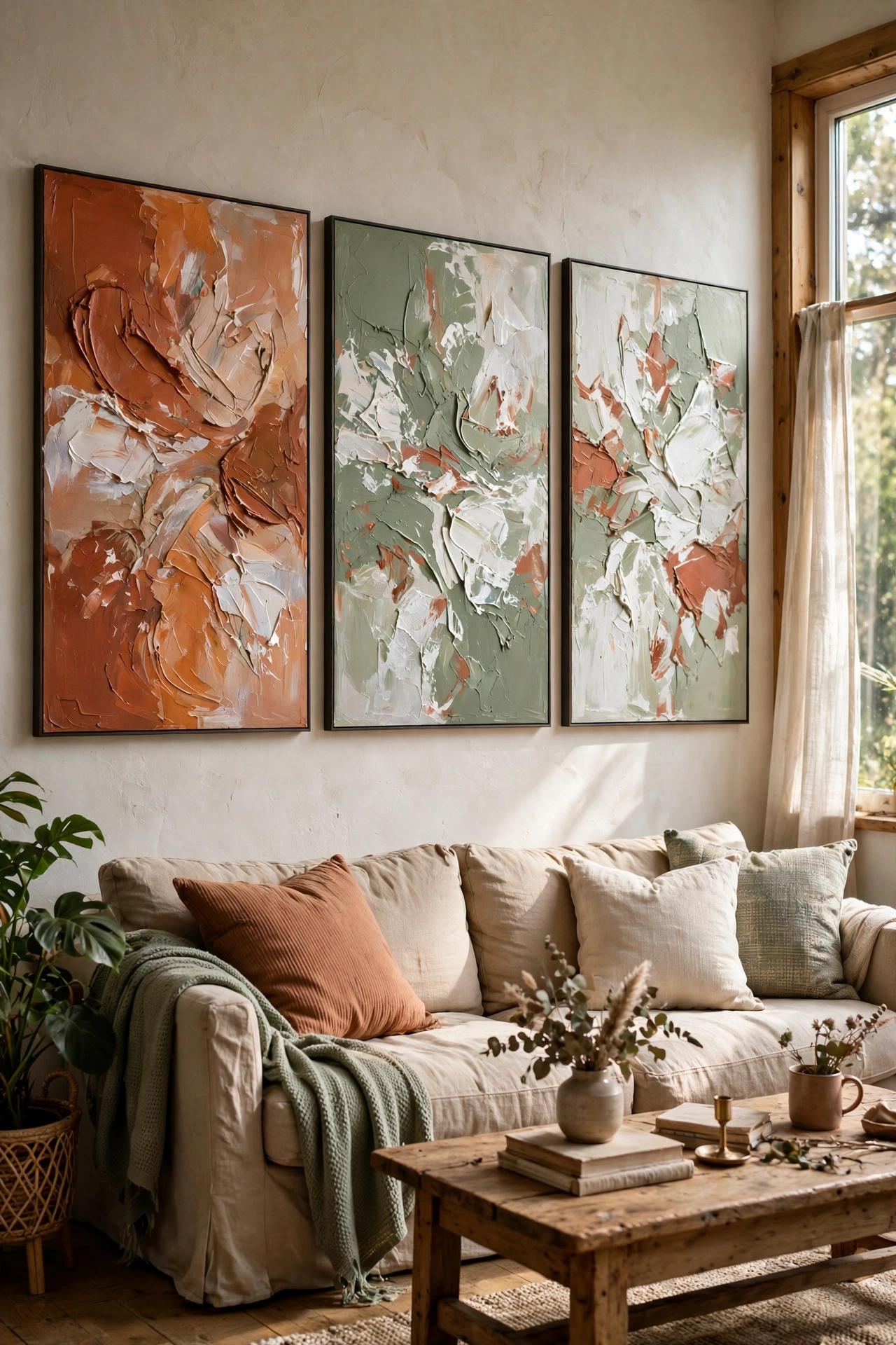 Three large abstract canvases in terracotta and sage hung in a row
