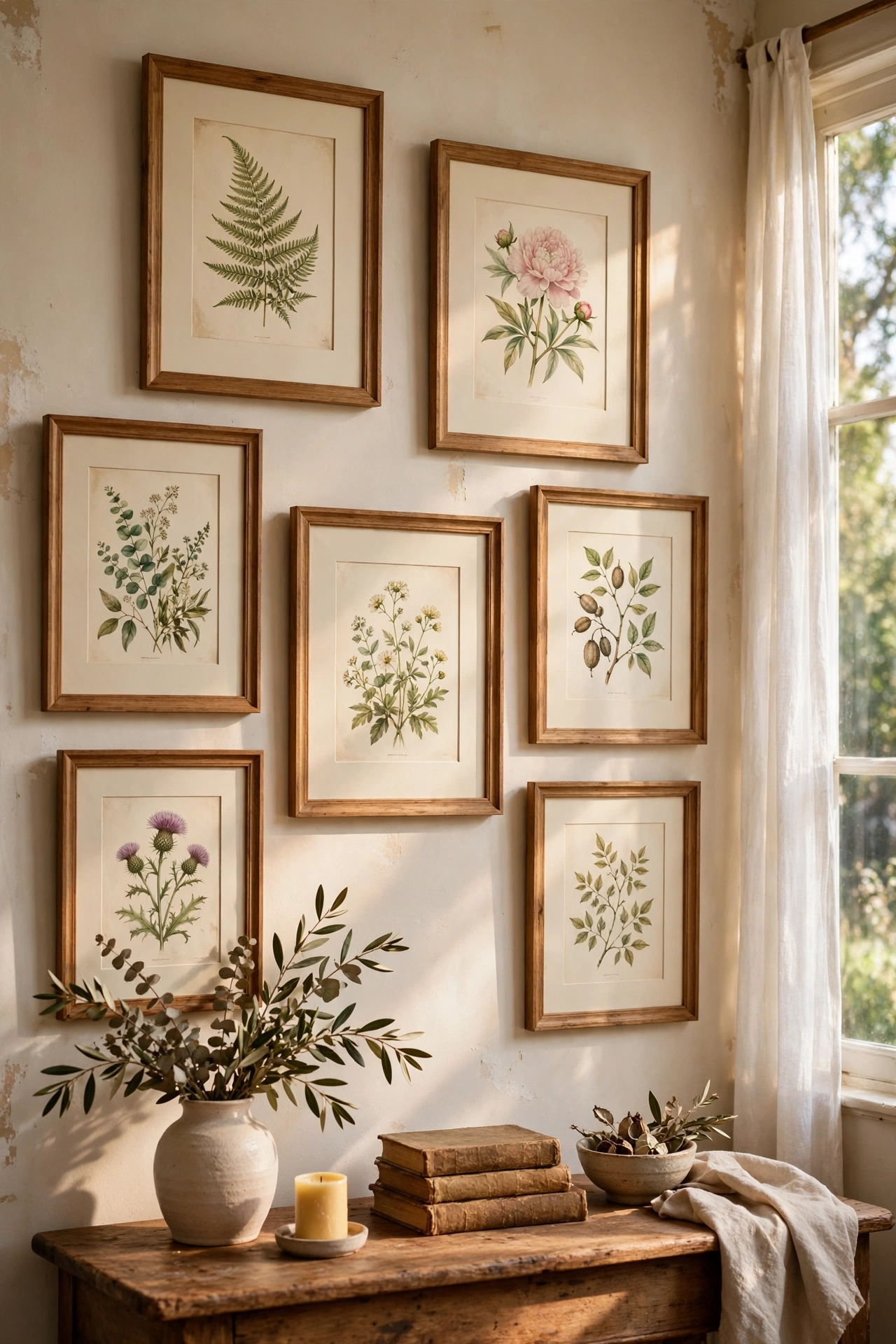 Framed vintage book pages with wide cream mounts on a wall