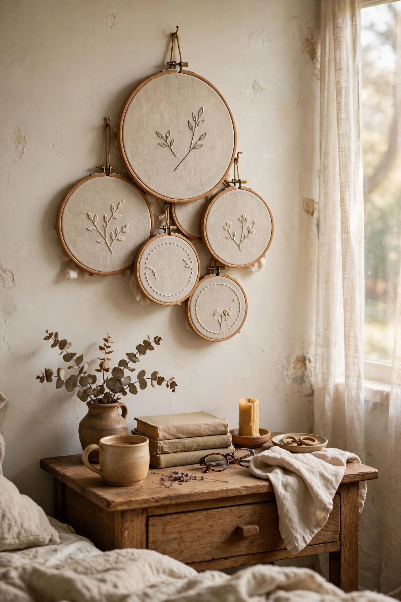 Cluster of wooden embroidery hoops with stretched linen fabric art